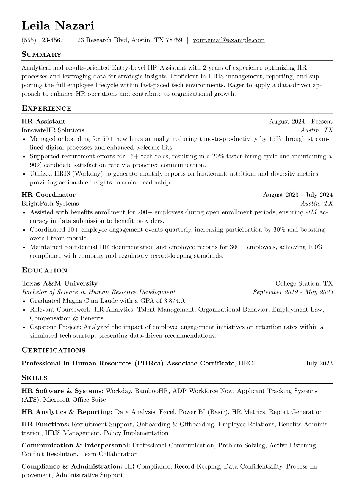 Entry-Level HR Assistant resume example, HR Analytics Focus, page 1