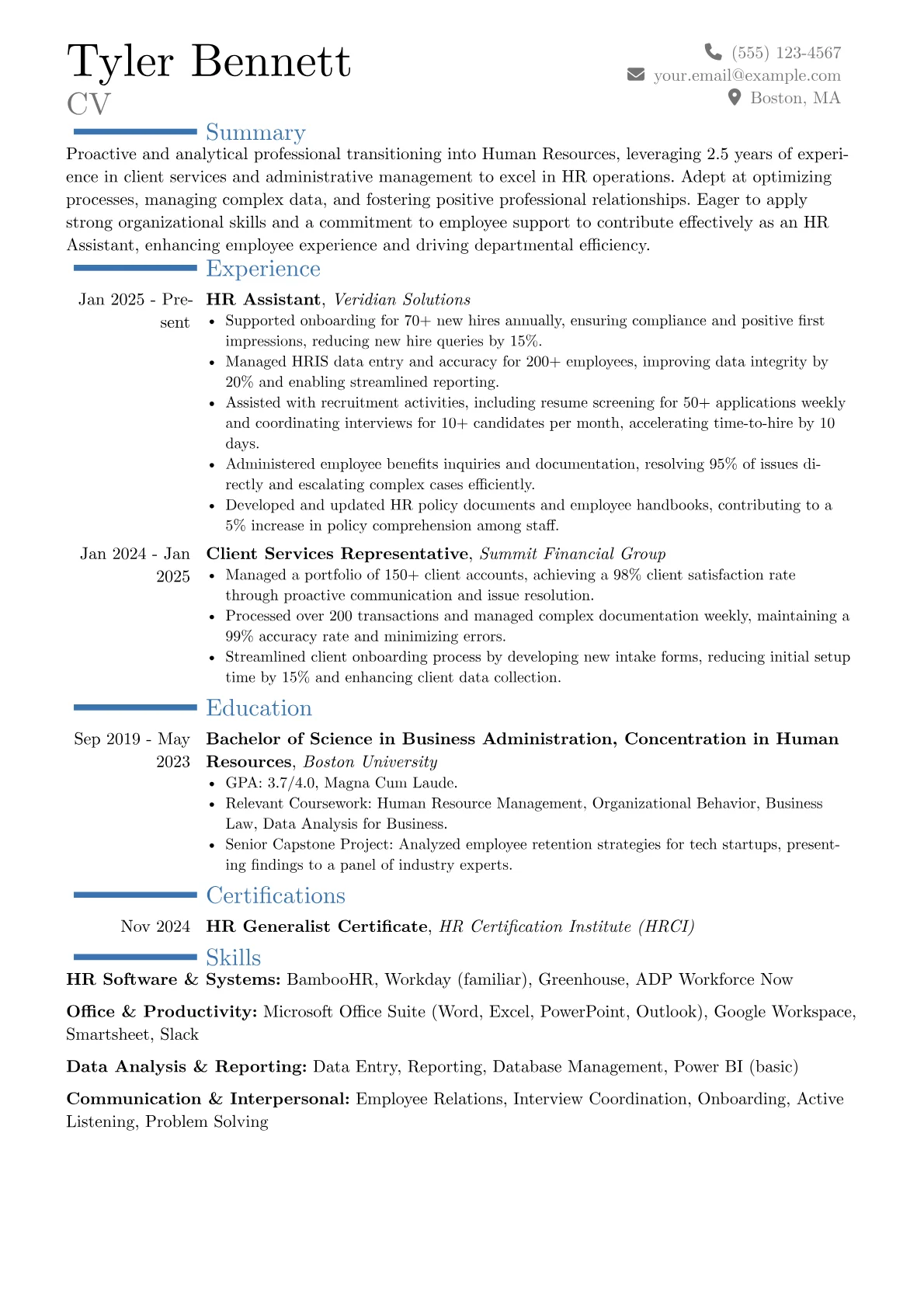 Entry-Level HR Assistant resume example, Career changer, page 1