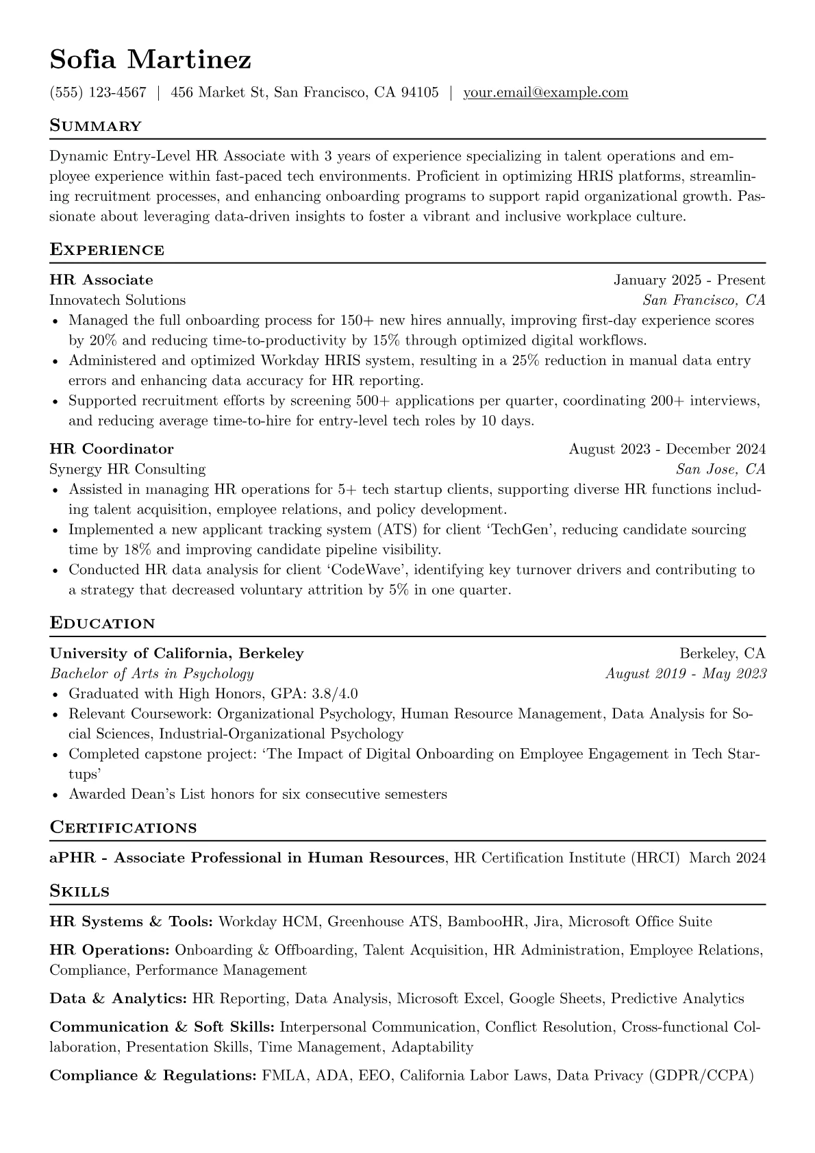 Entry-Level HR Associate resume example, HR Tech Operations, page 1