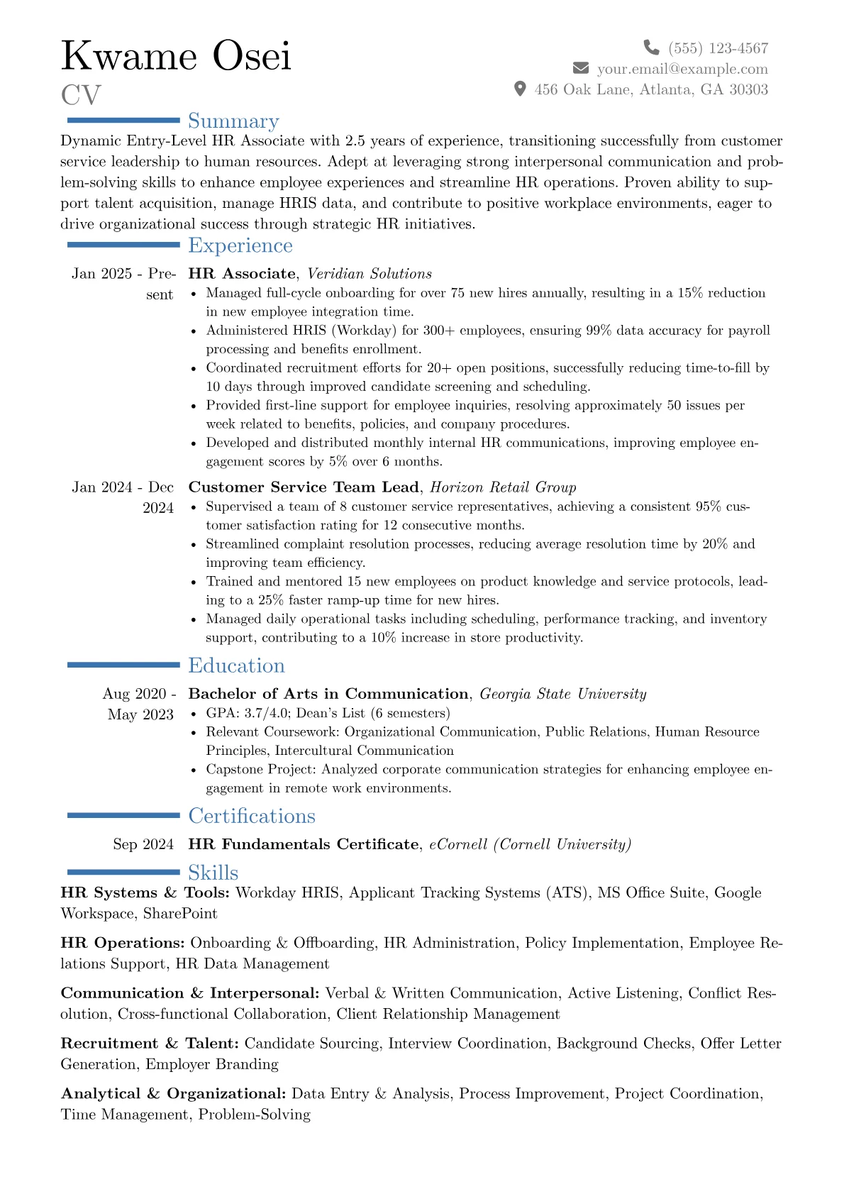 Entry-Level HR Associate resume example, Career changer, page 1