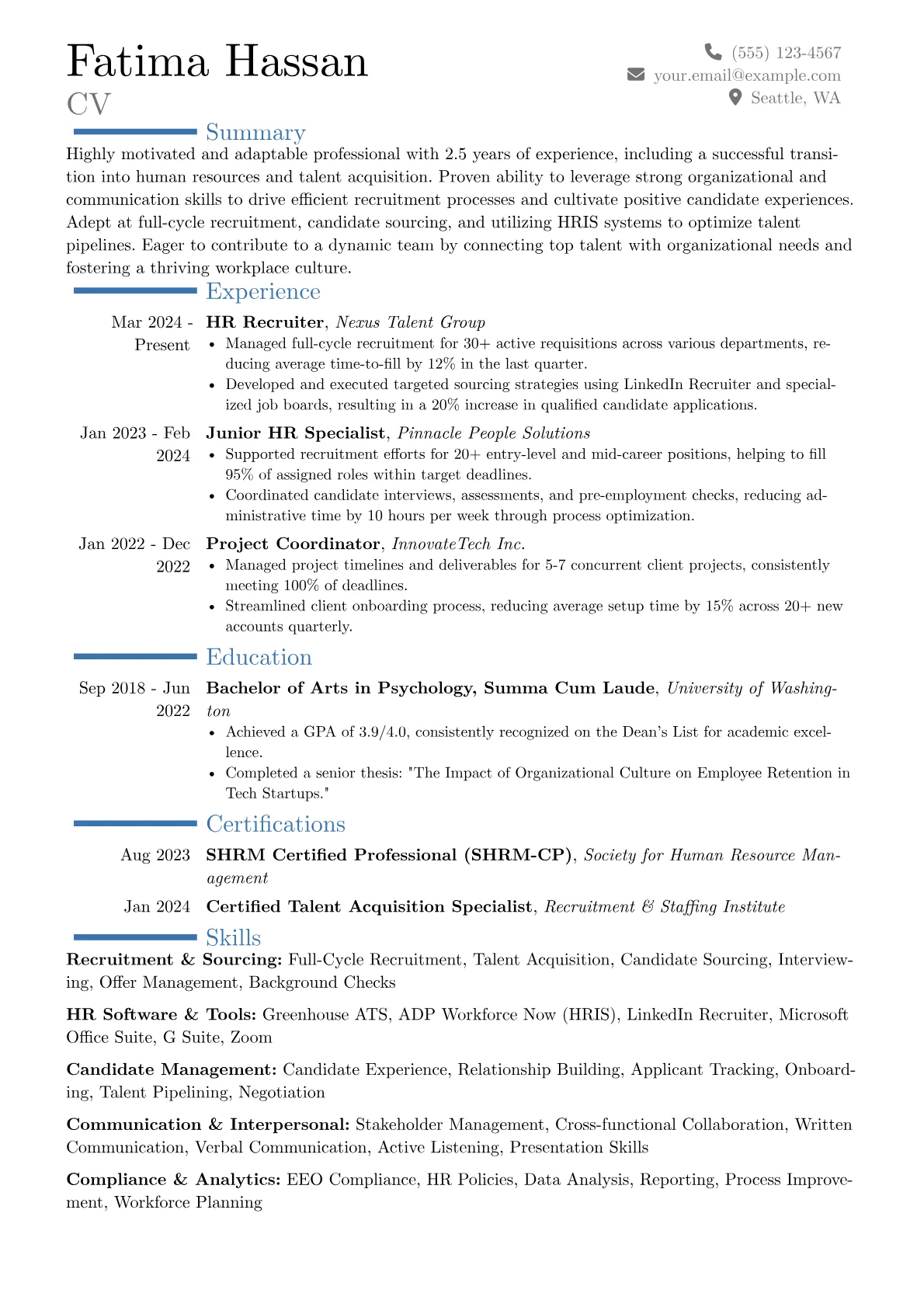 Entry-Level HR Recruiter resume example, Career changer, page 1