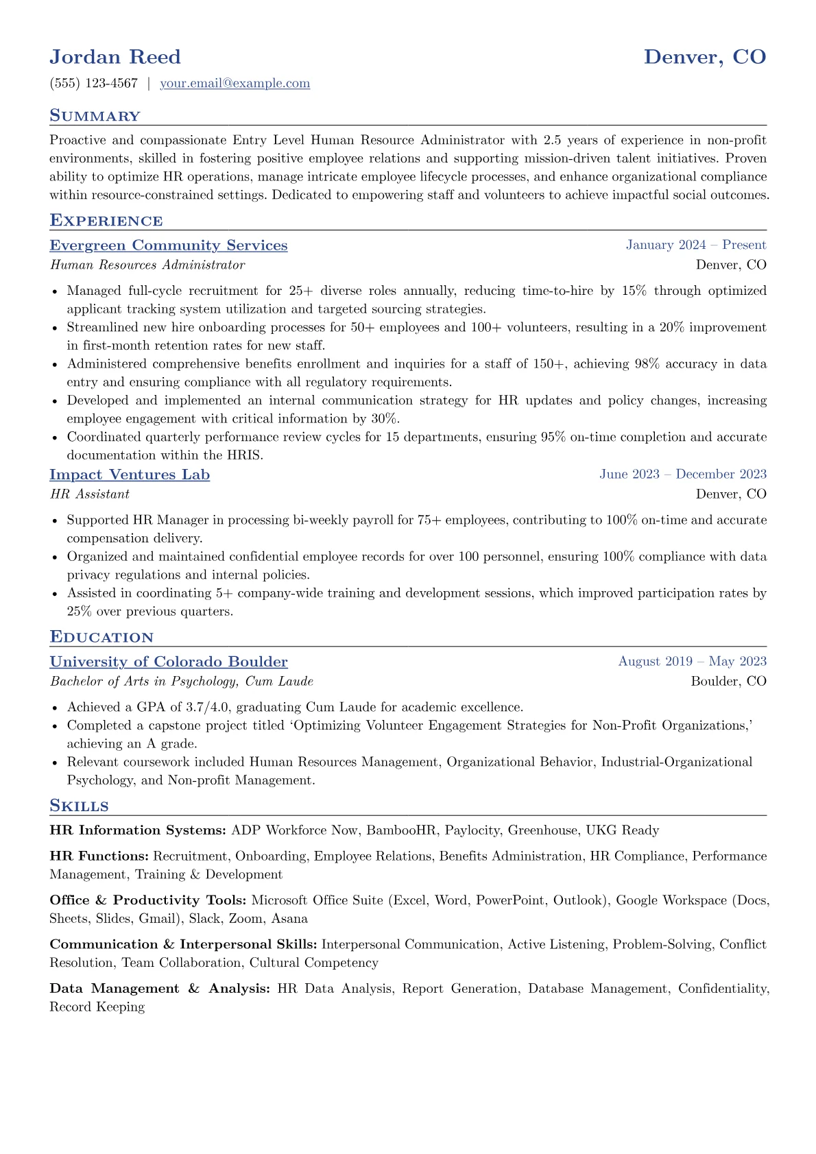 Entry Level Human Resource Administrator resume example, Non-Profit HR, page 1
