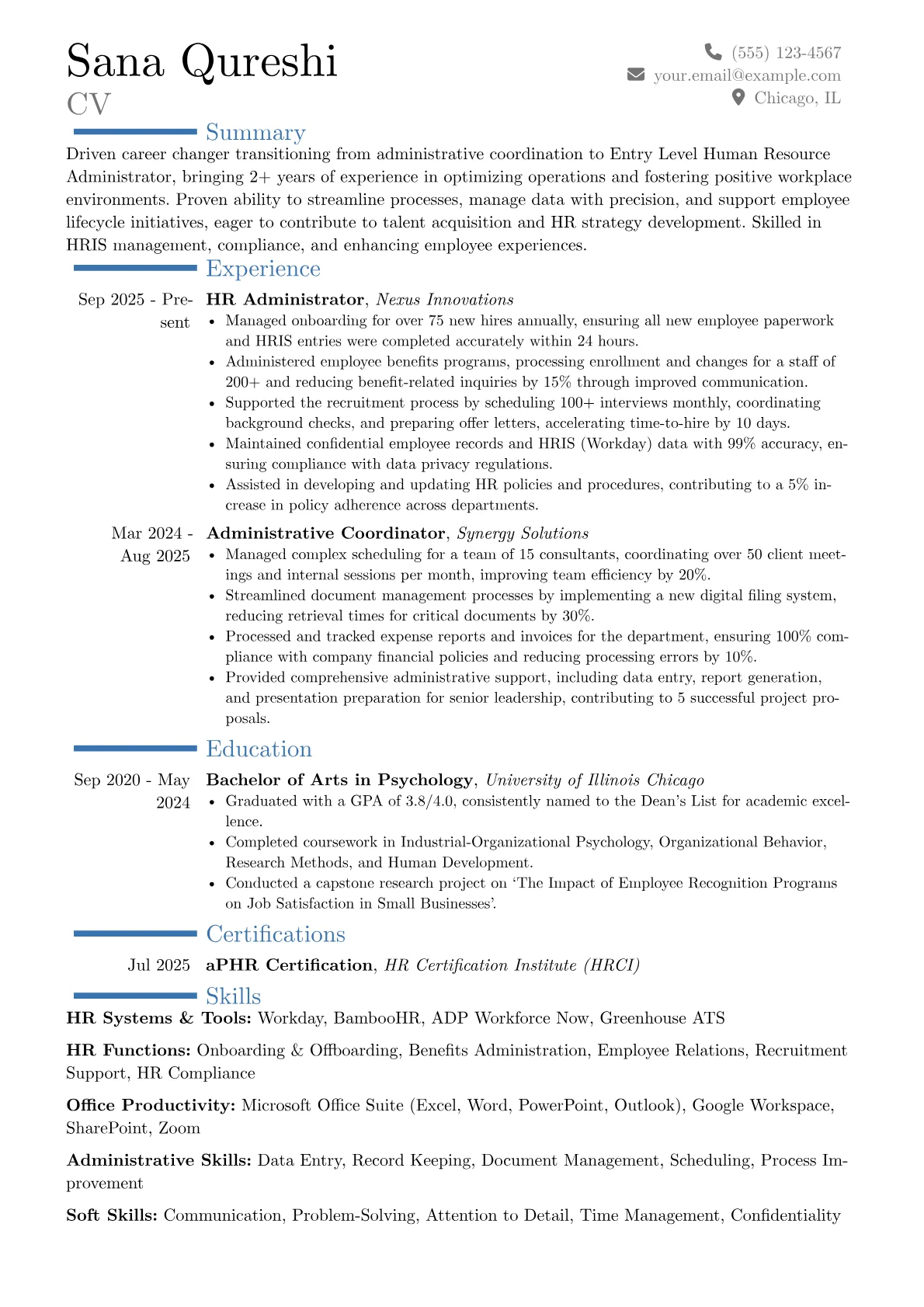 Entry Level Human Resource Administrator resume example, Career changer, page 1