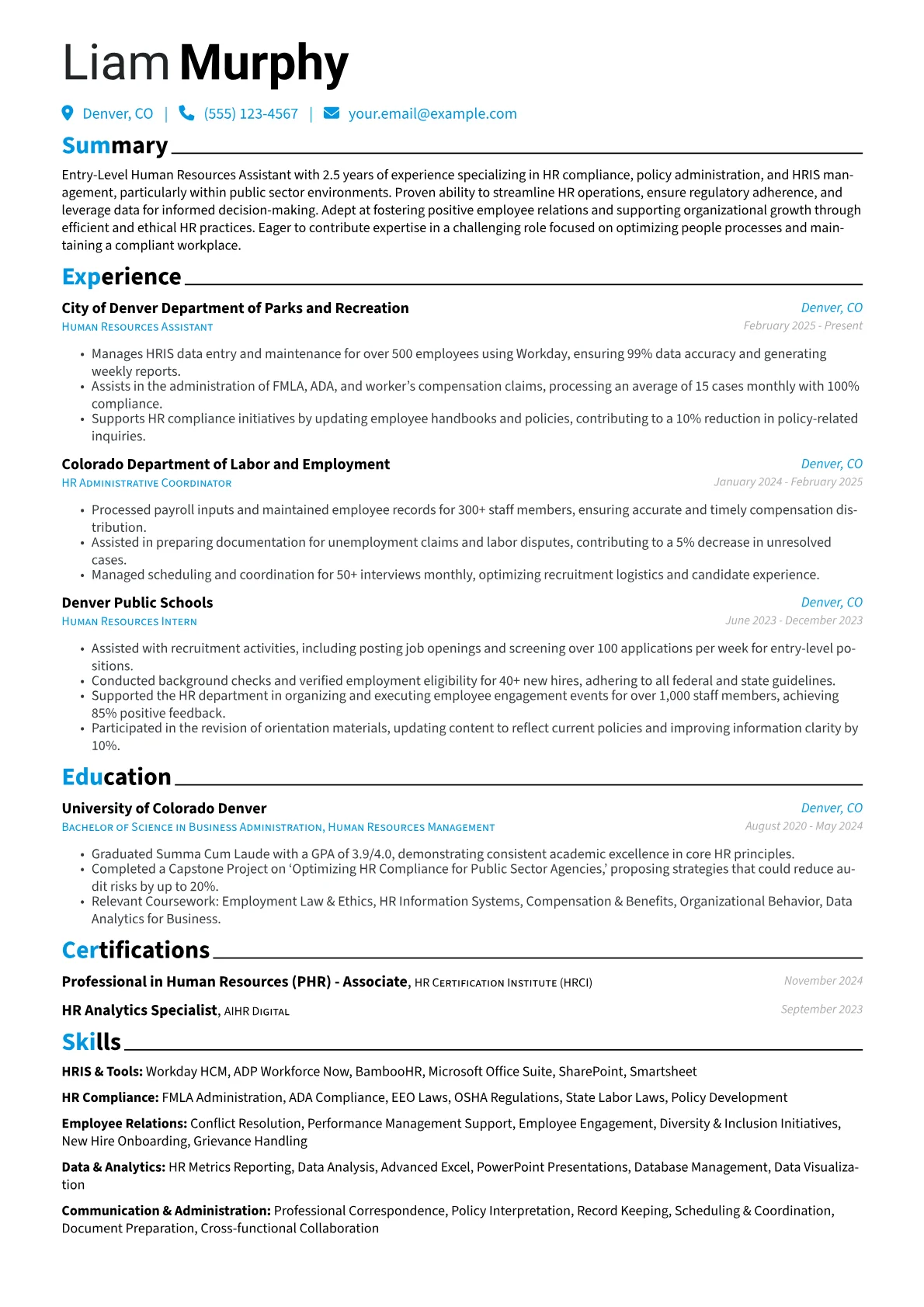 Entry-Level Human Resources Assistant resume example, HR Compliance & HRIS, page 1