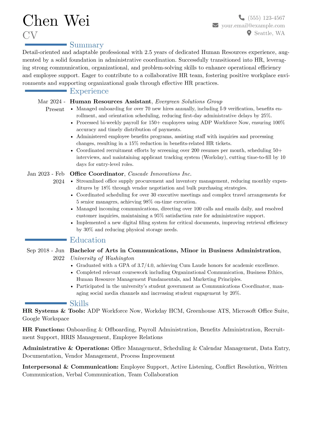 Entry-Level Human Resources Assistant resume example, Career changer, page 1
