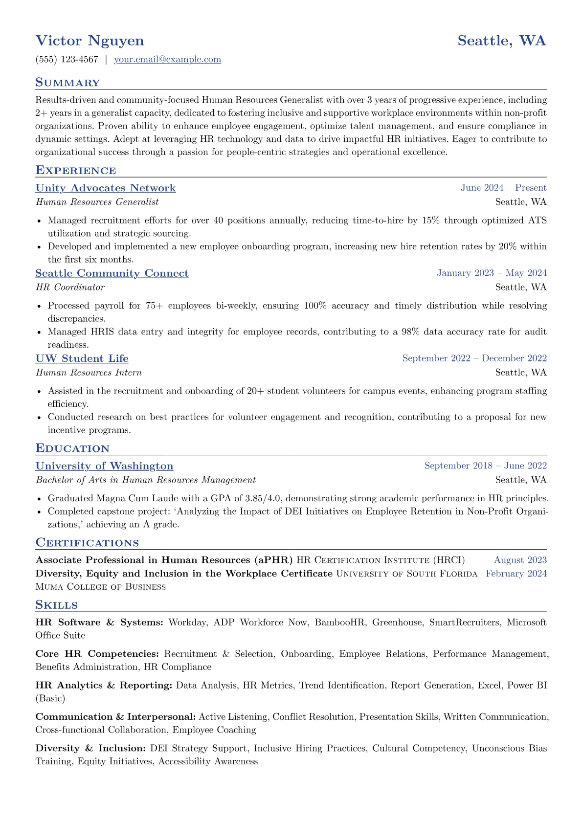 Entry-Level Human Resources Generalist resume example, Human Resources Generalist, page 1