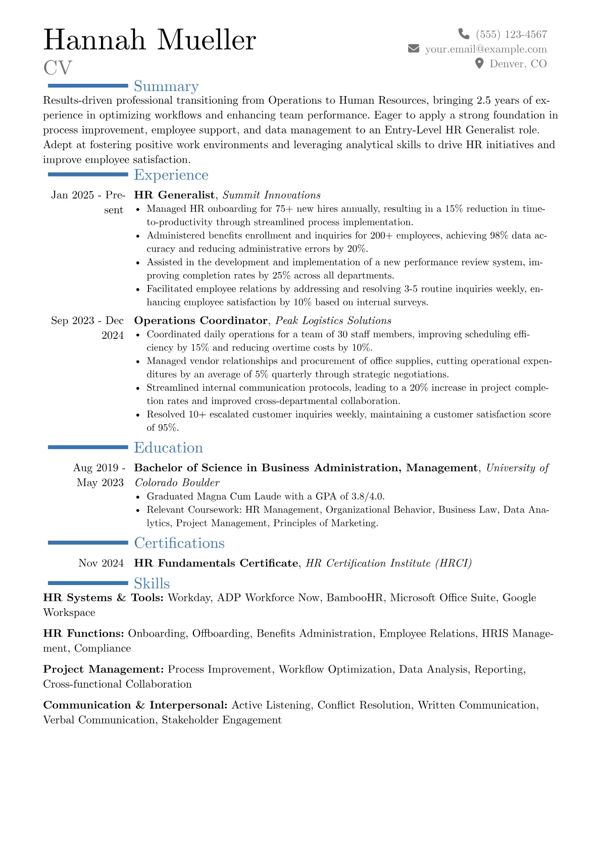 Entry-Level Human Resources Generalist resume example, Career changer, page 1