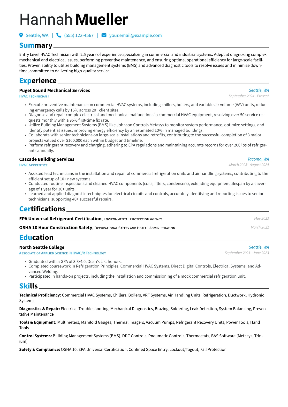 Entry Level HVAC Technician resume example, Commercial HVAC Technician, page 1