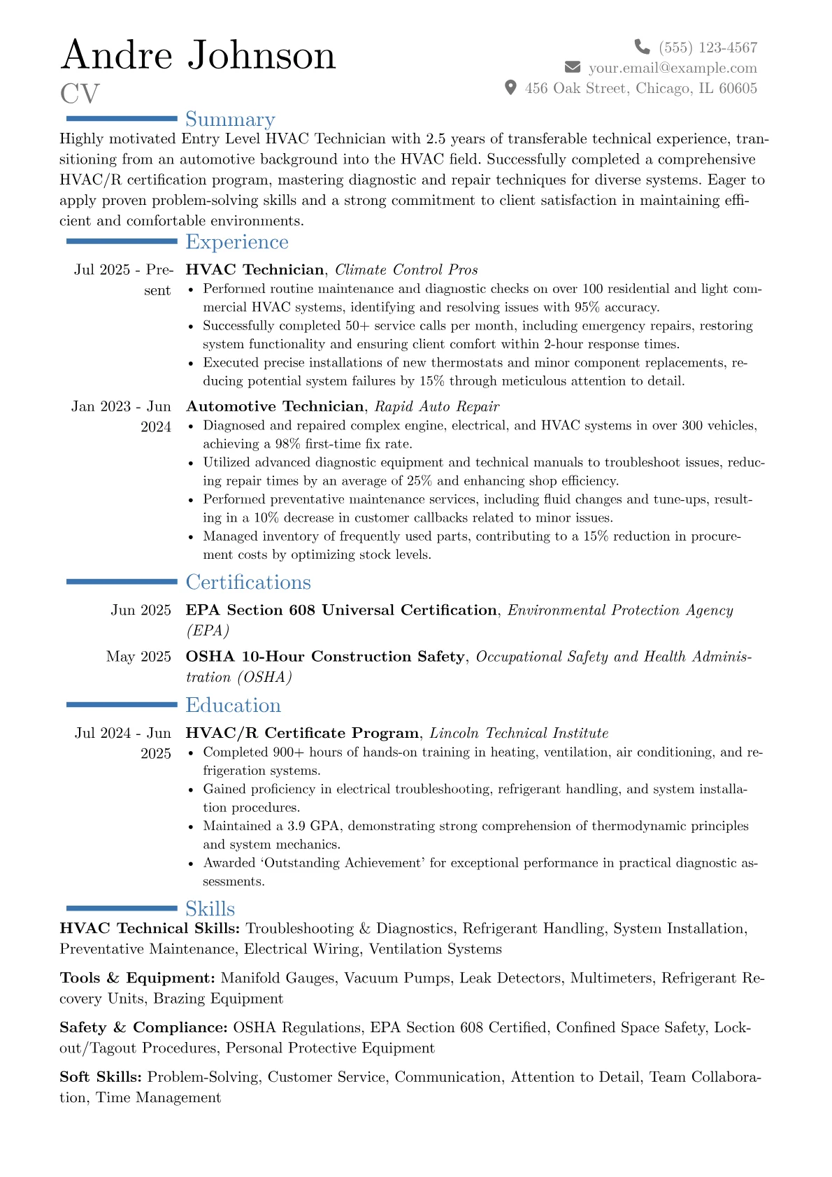 Entry Level HVAC Technician resume example, Career changer, page 1