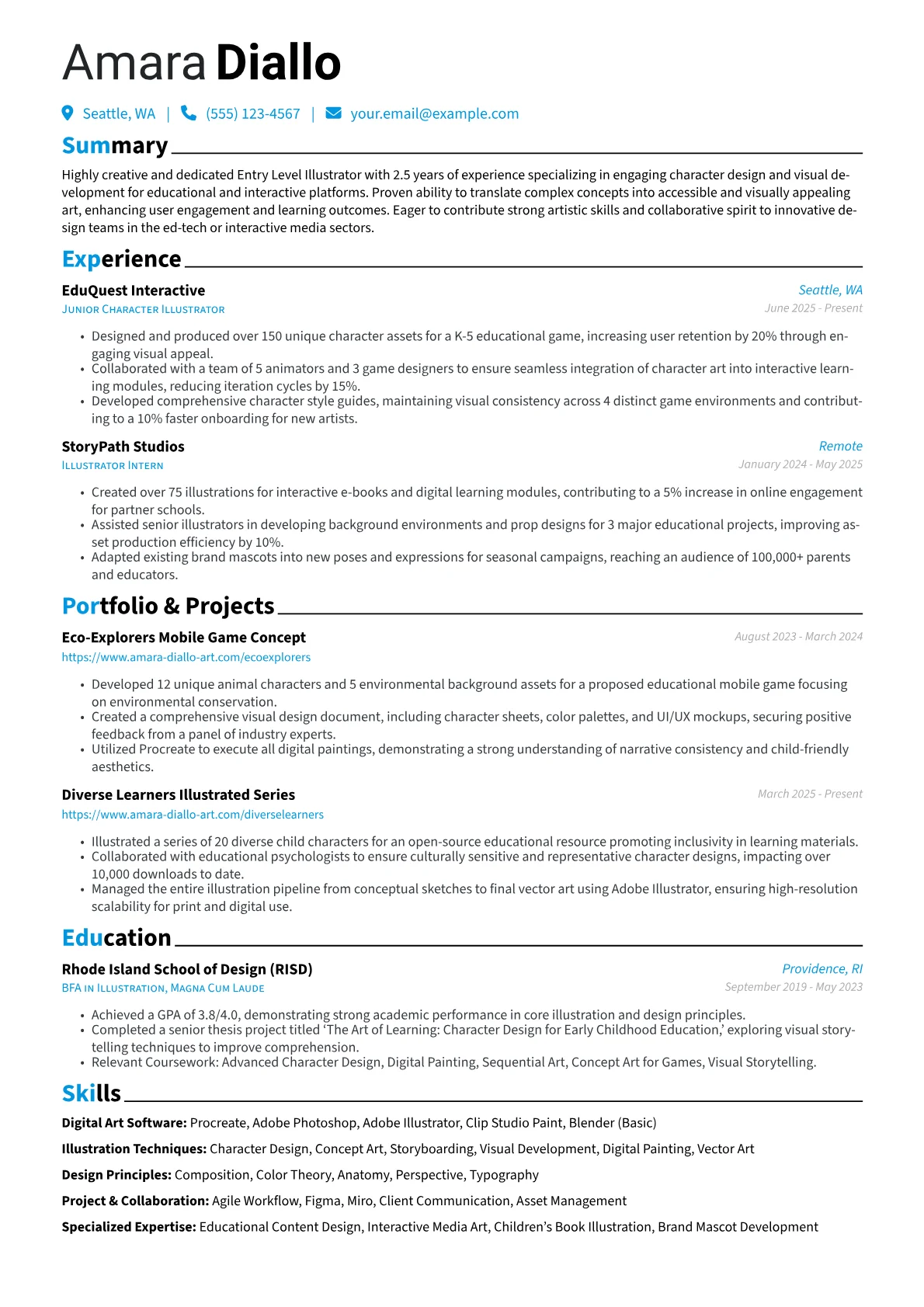 Entry Level Illustrator resume example, Entry Level Illustrator, page 1