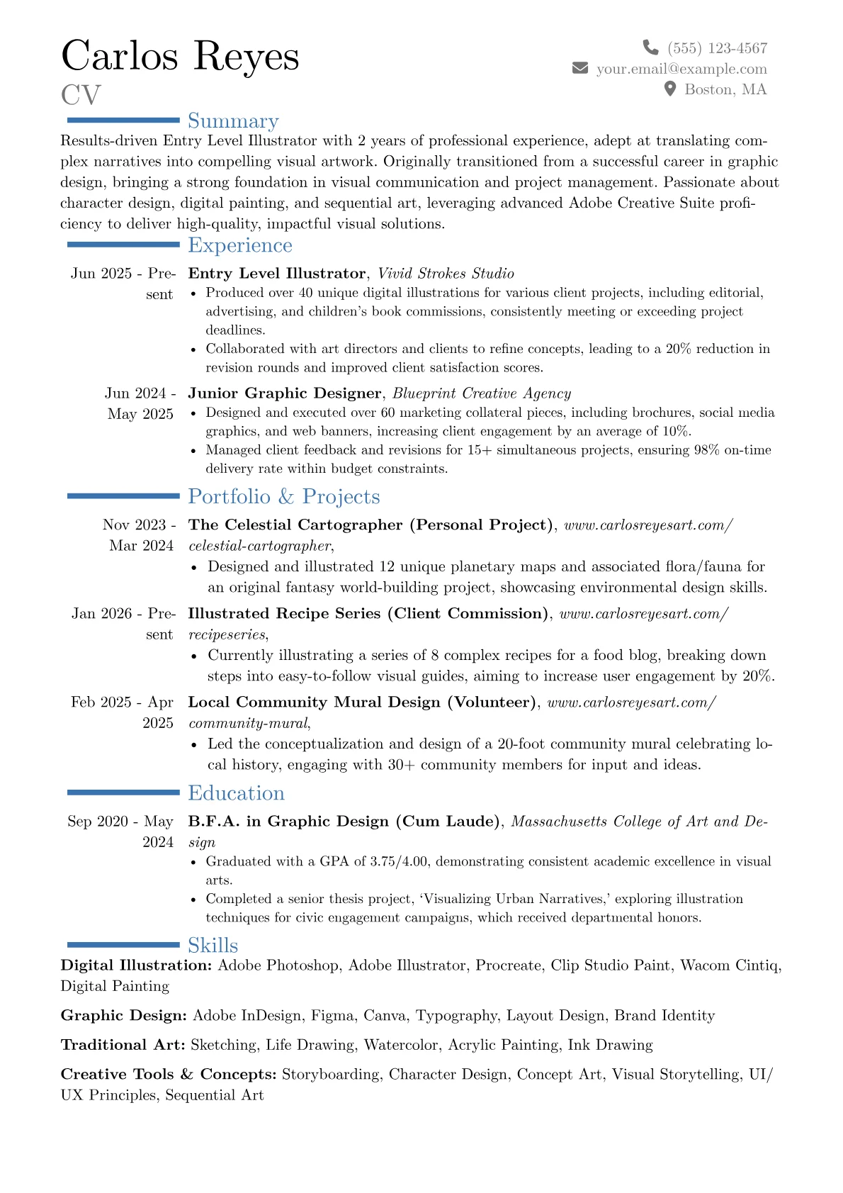 Entry Level Illustrator resume example, Career changer, page 1