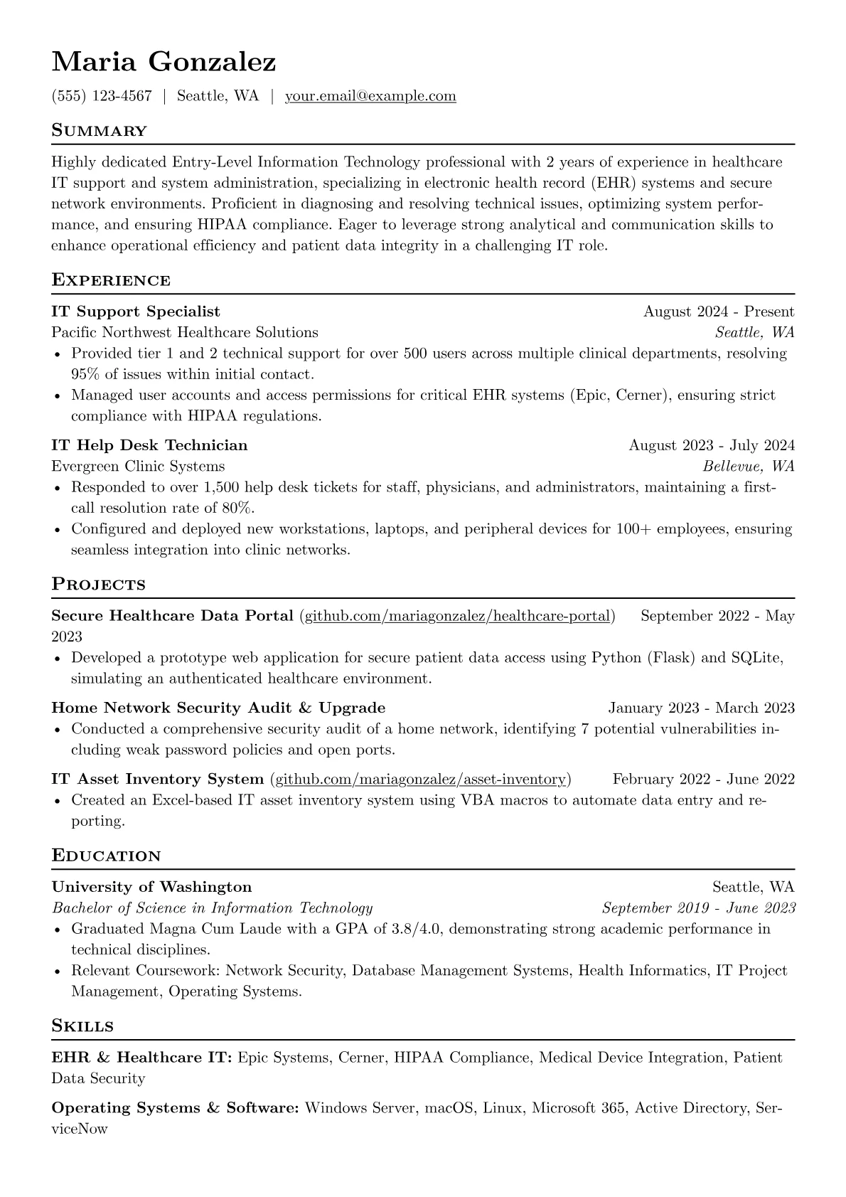 Entry-Level Information Technology resume example, EHR & Healthcare IT, page 1