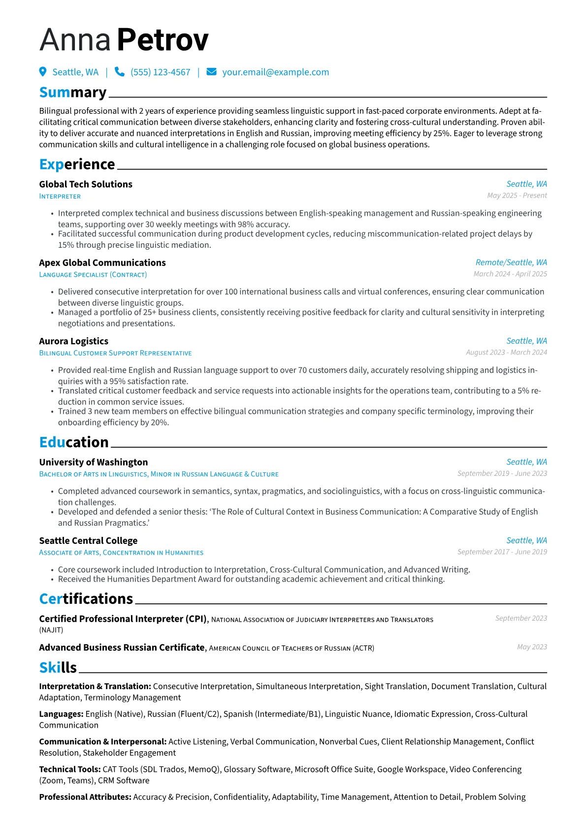 Entry Level Interpreter resume example, Entry Level Corporate, page 1