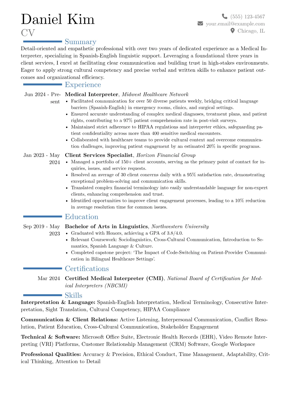 Entry Level Interpreter resume example, Career changer, page 1