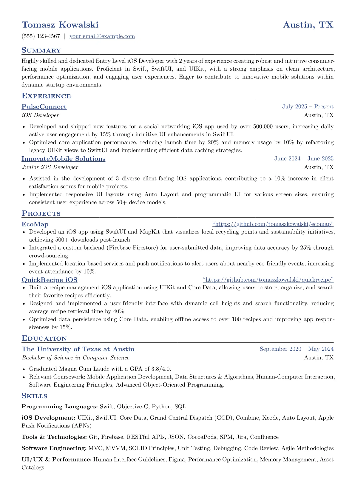 Entry Level iOS Developer resume example, Entry Level iOS Dev, page 1