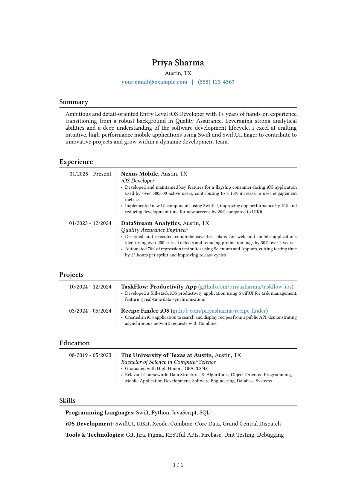 Entry Level iOS Developer resume example, Career changer, page 1