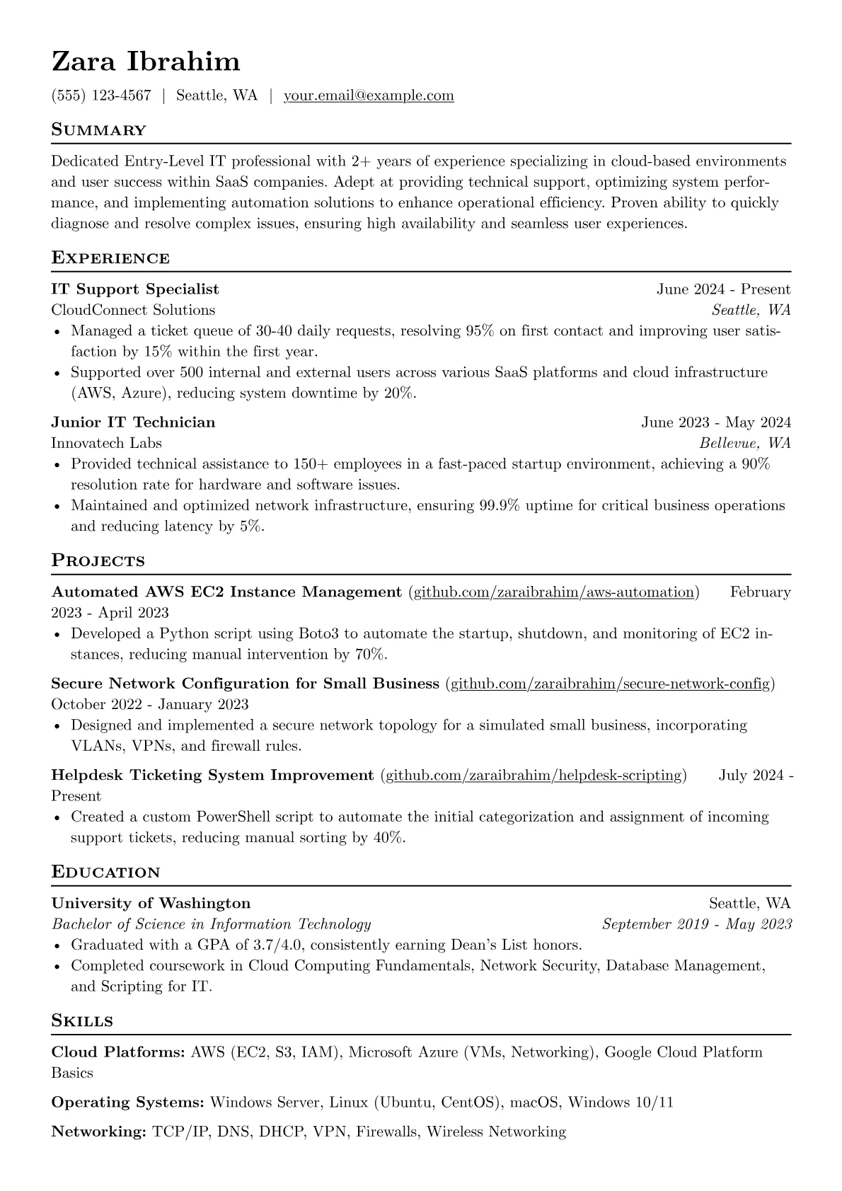 Entry-Level IT resume example, Entry-Level IT Specialist, page 1