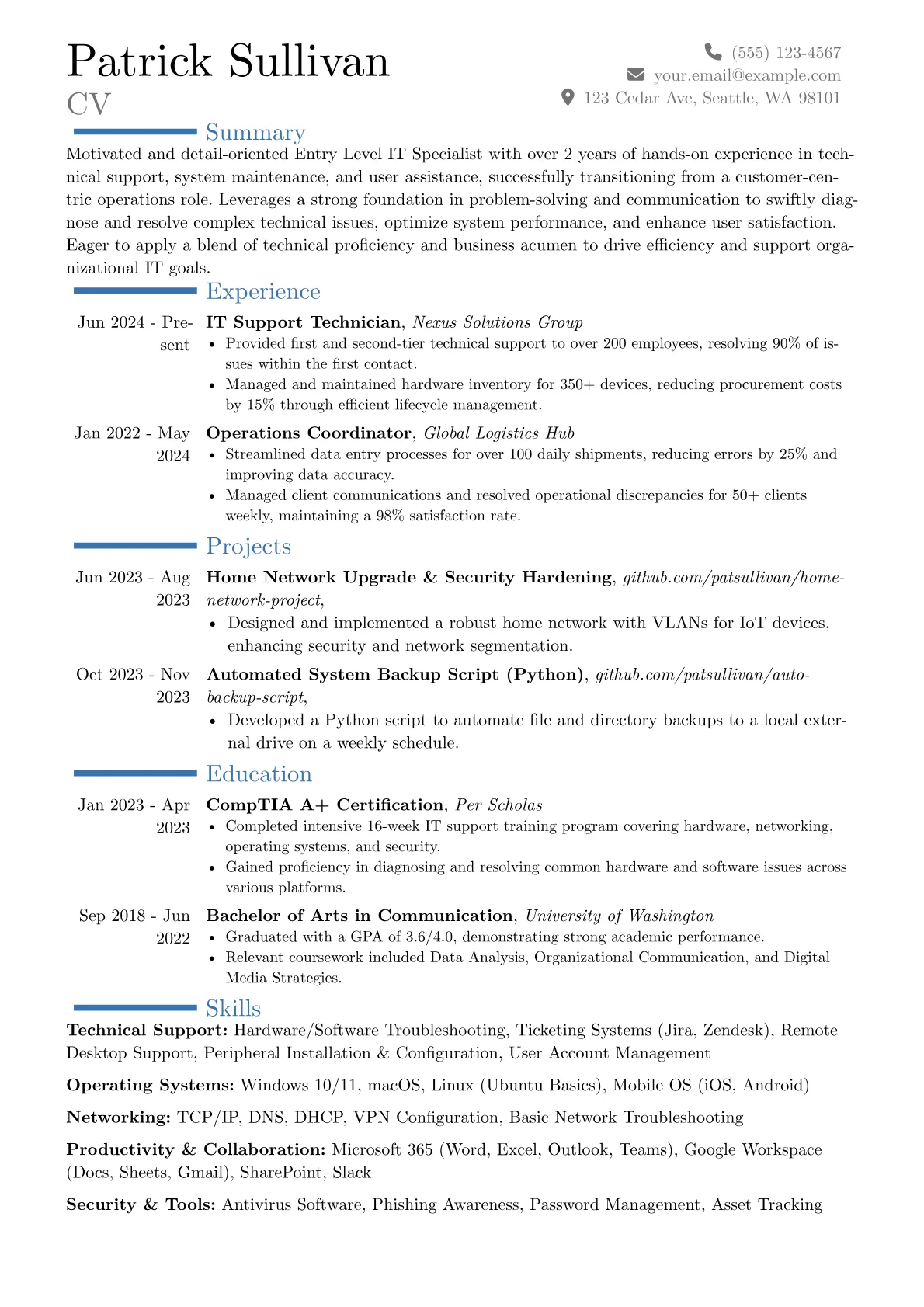 Entry Level IT Specialist resume example, Career changer, page 1