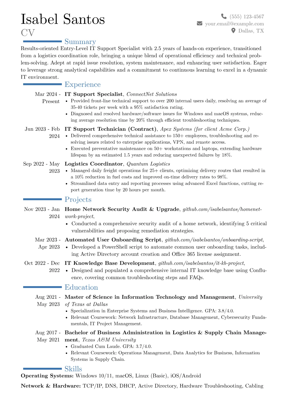 Entry-Level IT Support Specialist resume example, Career changer, page 1