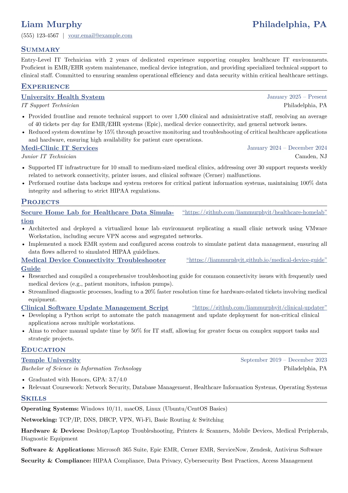 Entry-Level IT Technician resume example, Entry-Level IT Technician, page 1