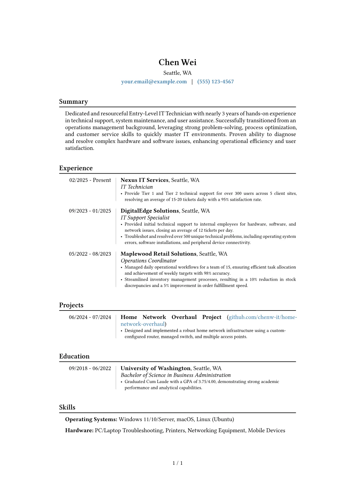 Entry-Level IT Technician resume example, Career changer, page 1