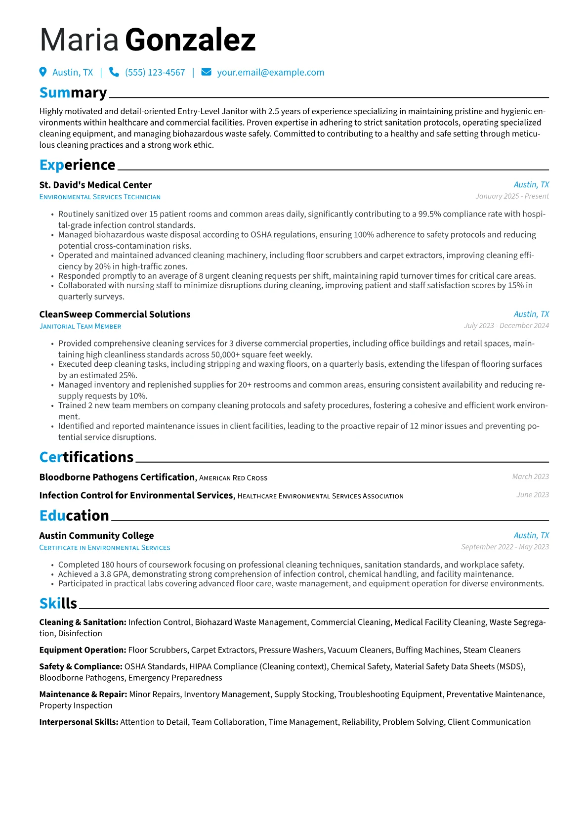 Entry-Level Janitor resume example, Entry-Level Janitor, page 1