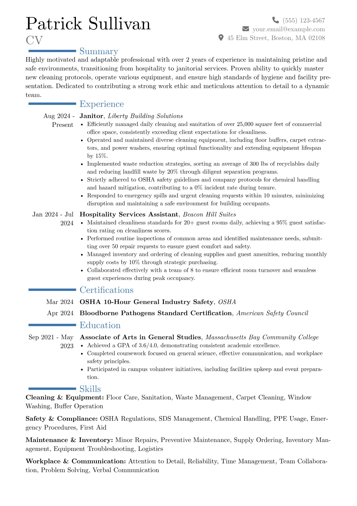 Entry-Level Janitor resume example, Career changer, page 1