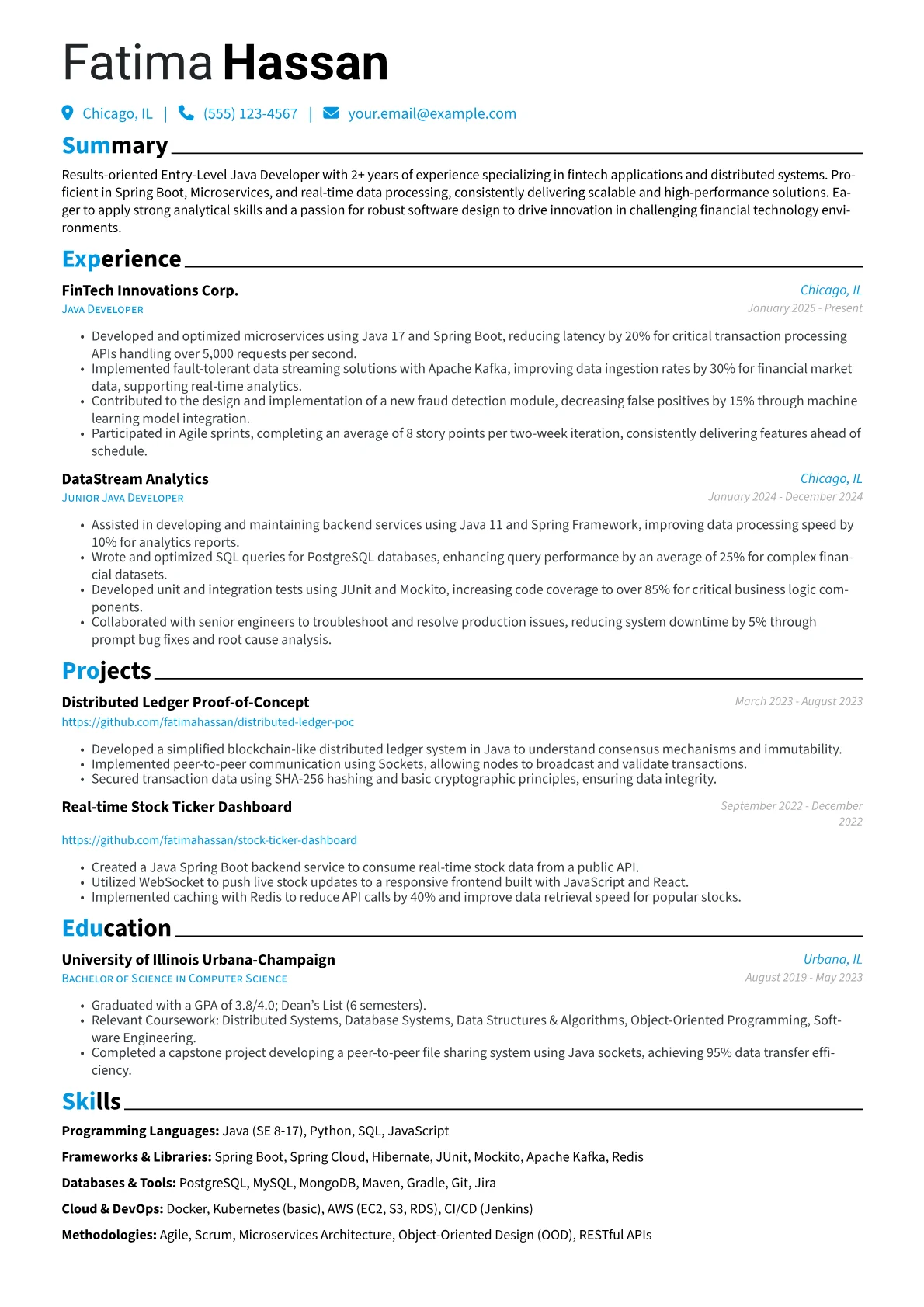 Entry-Level Java Developer resume example, FinTech Specialist, page 1