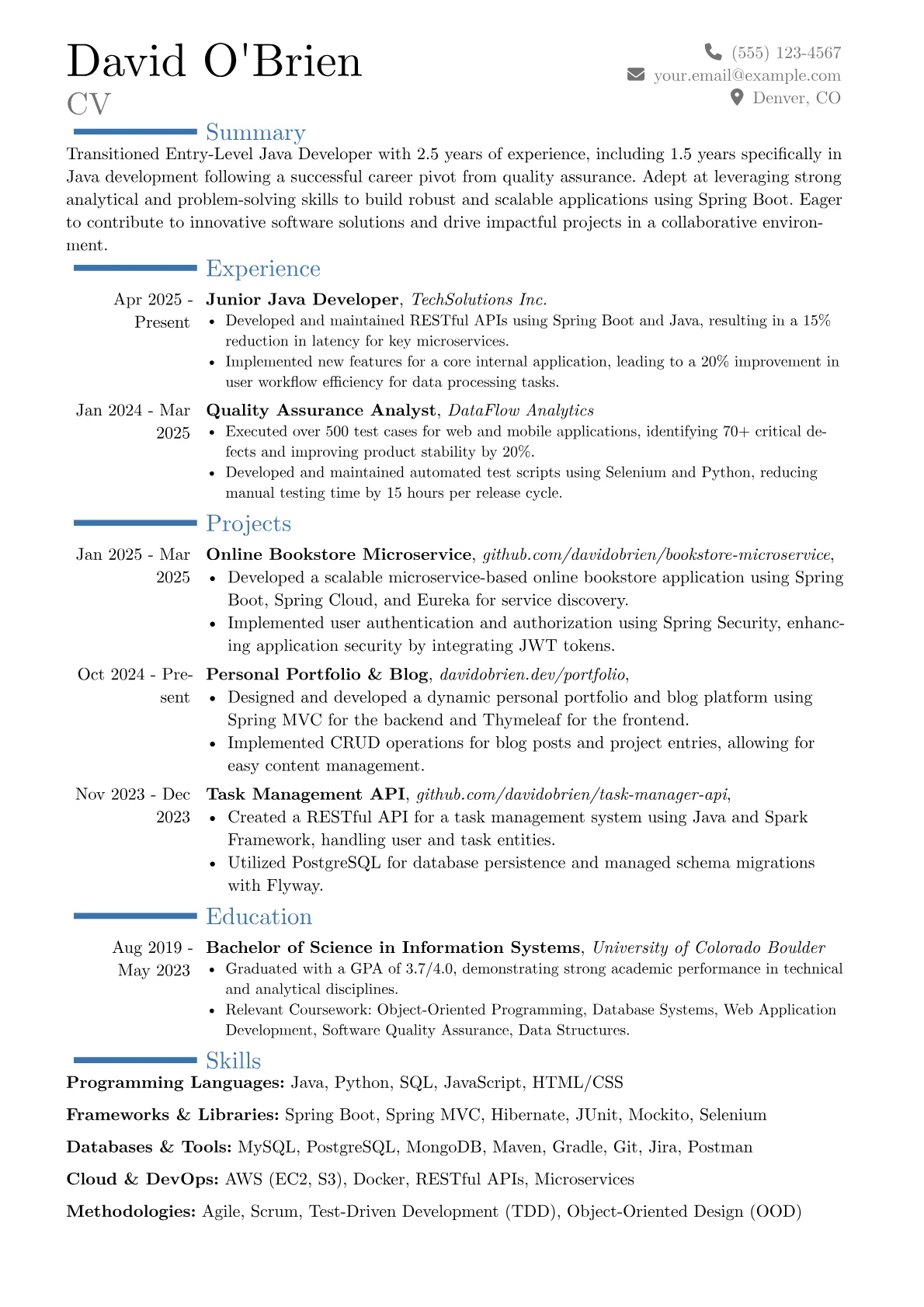 Entry-Level Java Developer resume example, Career changer, page 1