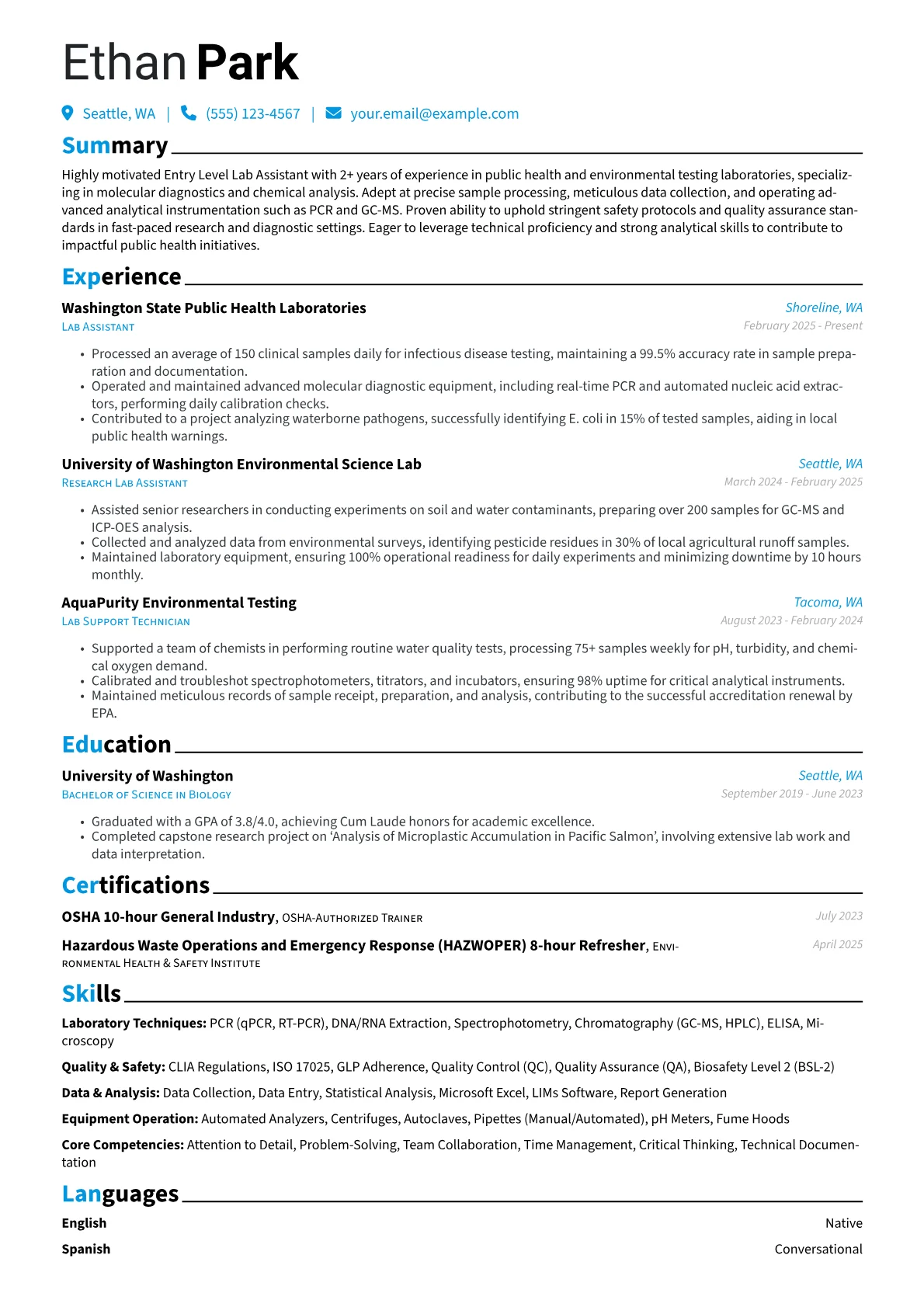 Entry Level Lab Assistant resume example, Entry Level Lab Assistant, page 1