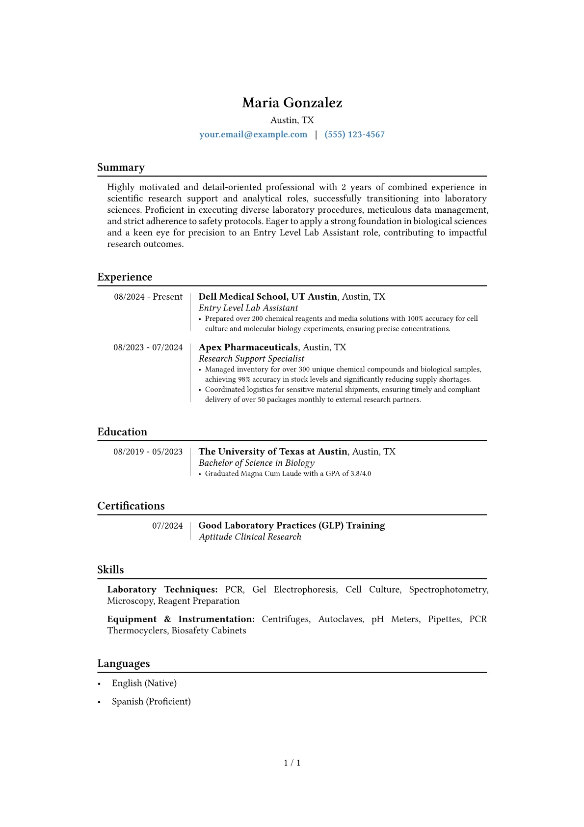 Entry Level Lab Assistant resume example, Career changer, page 1