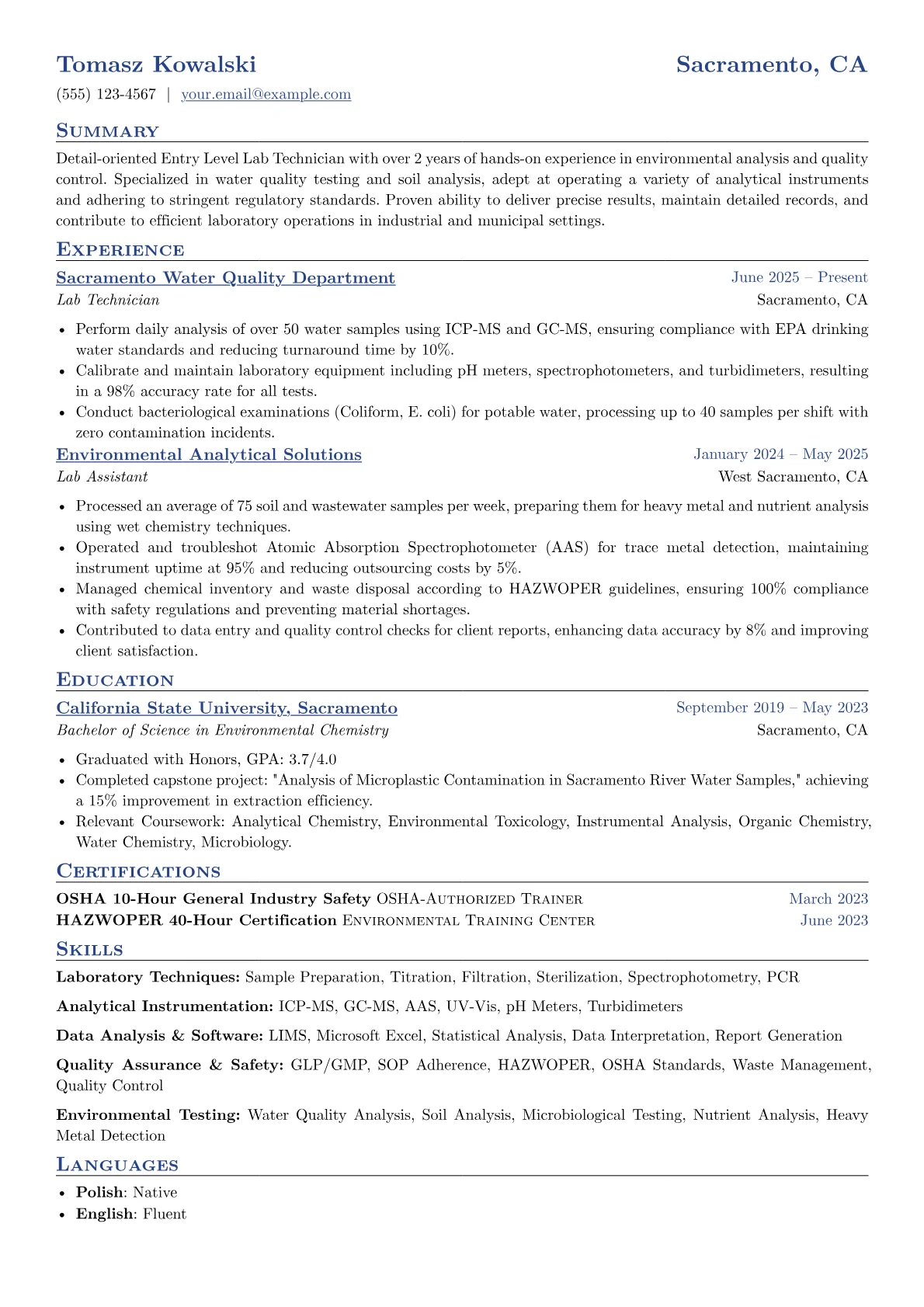 Entry Level Lab Technician resume example, Environmental Water, page 1