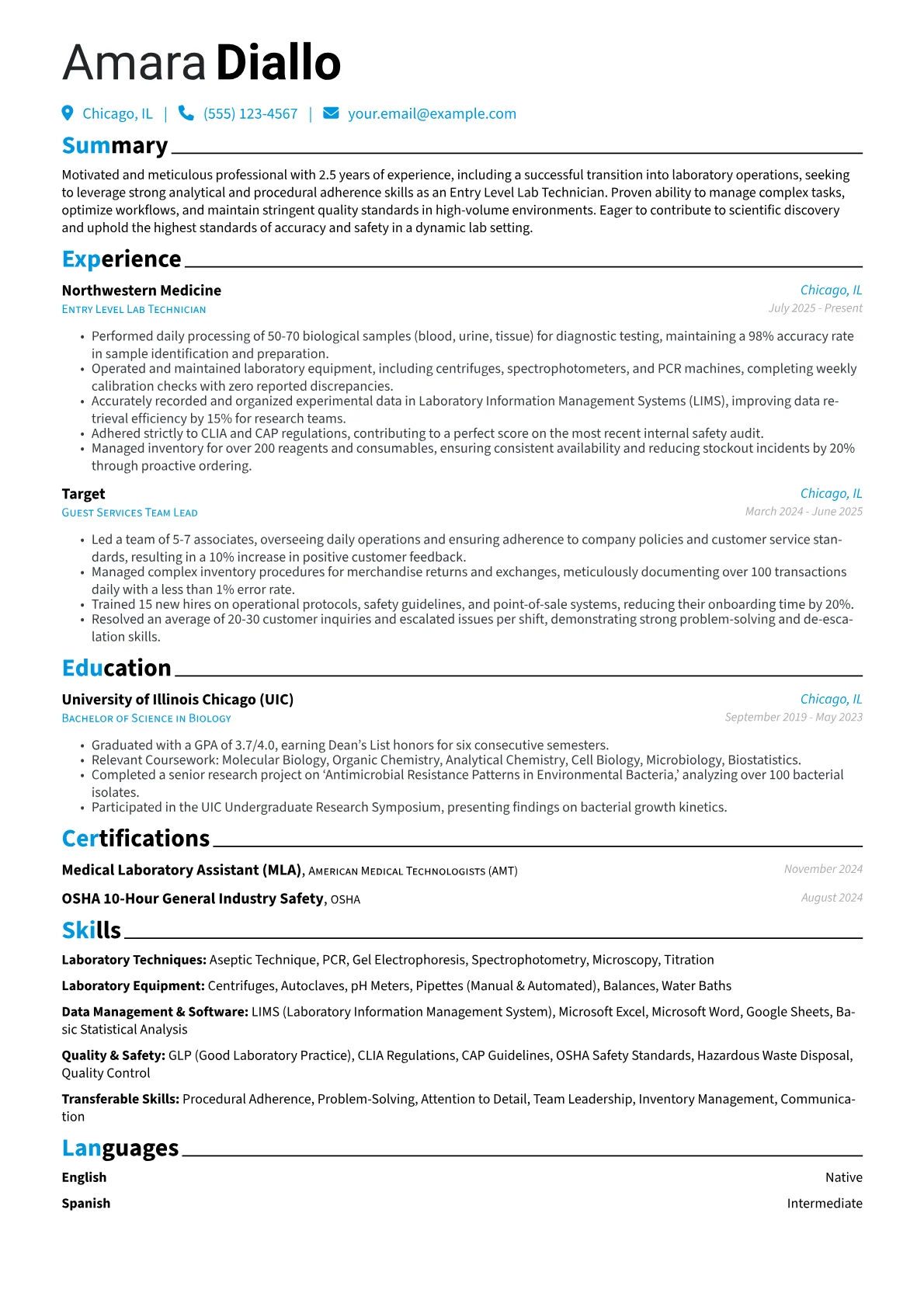 Entry Level Lab Technician resume example, Career changer, page 1