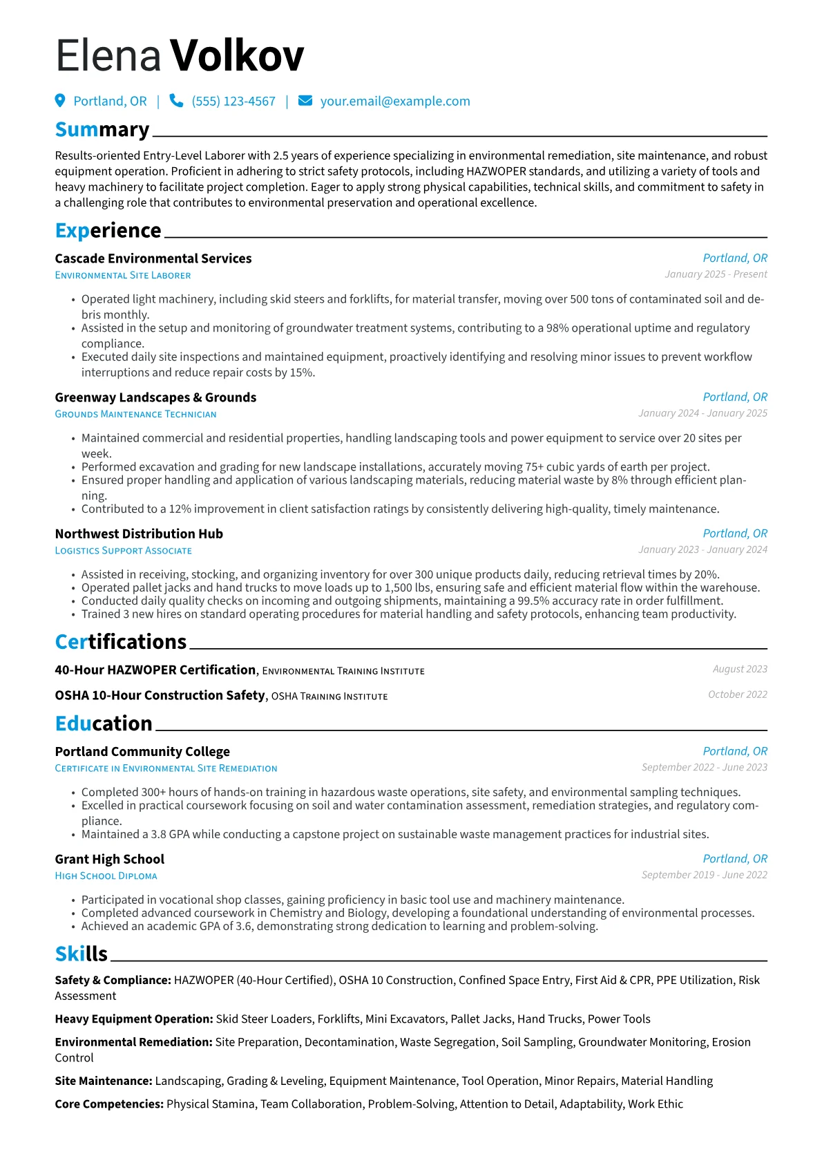 Entry-Level Laborer resume example, Environmental Remediation, page 1