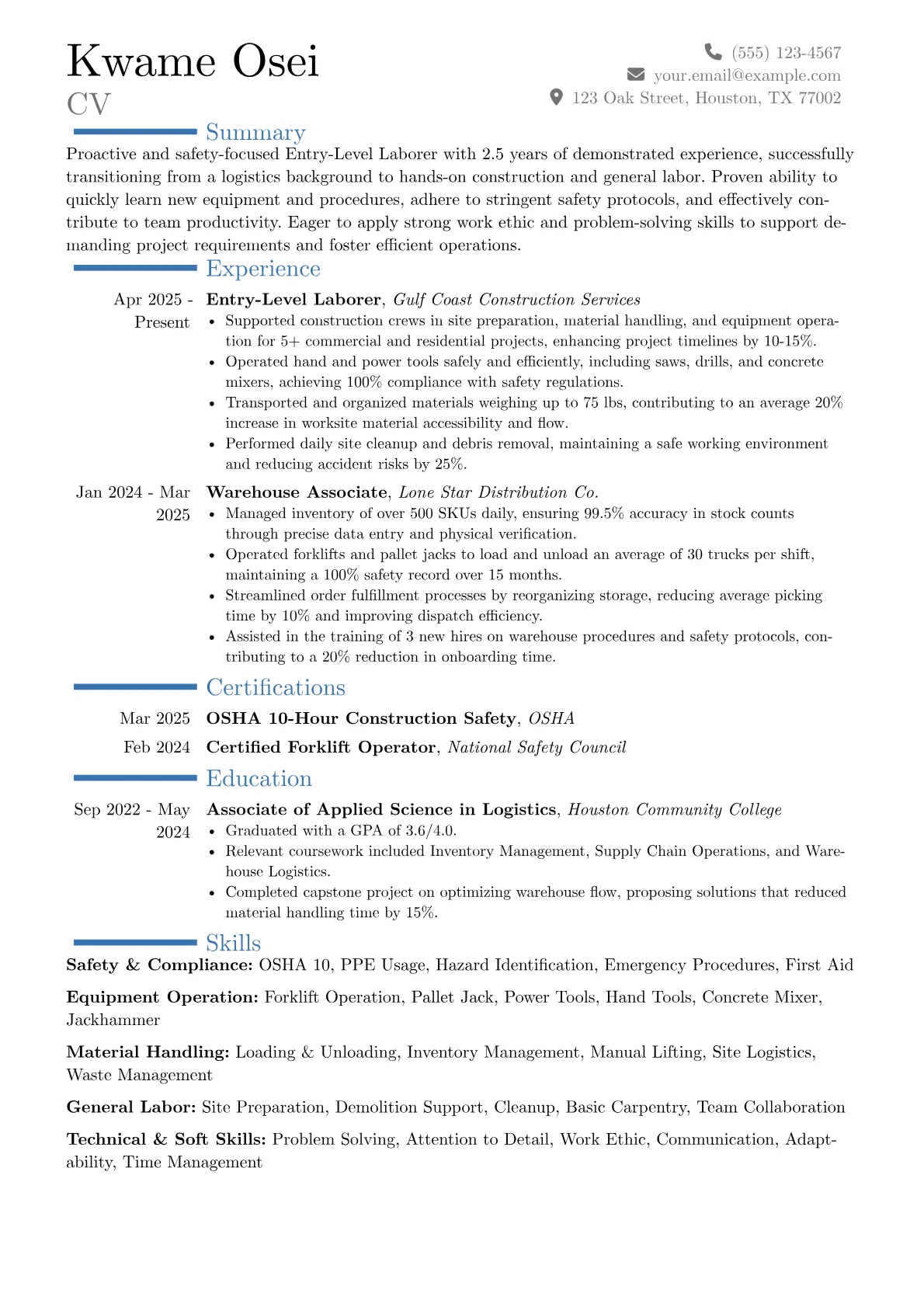 Entry-Level Laborer resume example, Career changer, page 1