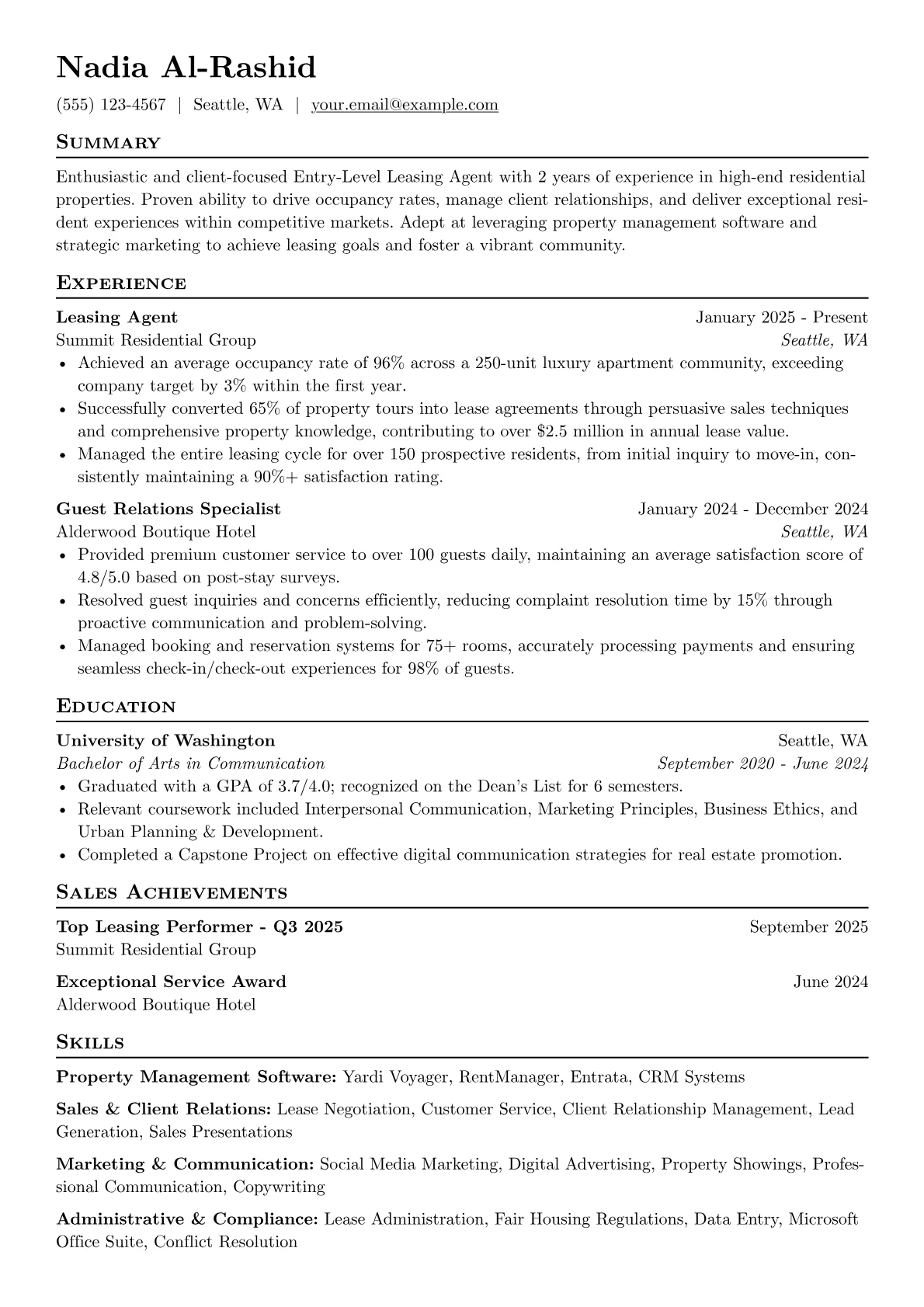 Entry-Level Leasing Agent resume example, Entry-Level Leasing Agent, page 1