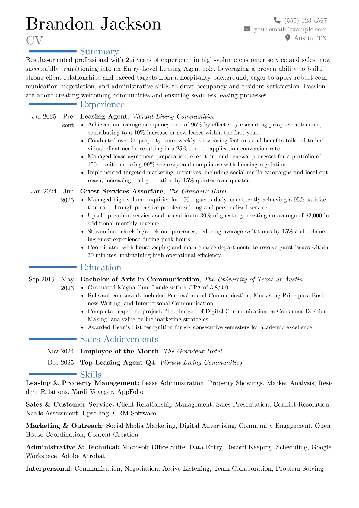 Entry-Level Leasing Agent resume example, Career changer, page 1