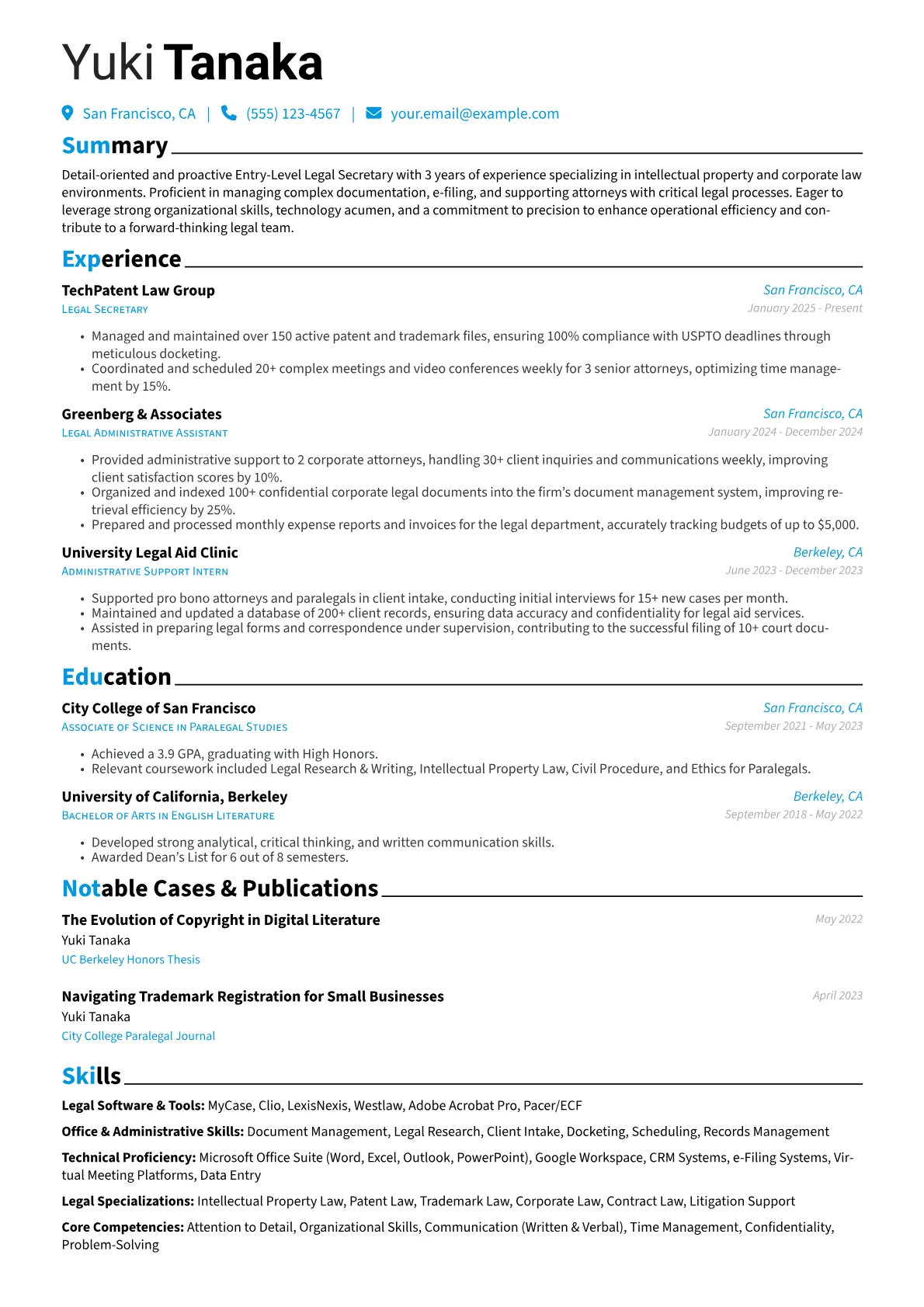 Entry-Level Legal Secretary resume example, Entry-Level Legal, page 1