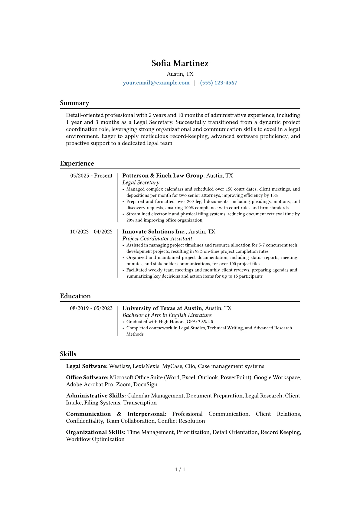 Entry-Level Legal Secretary resume example, Career changer, page 1