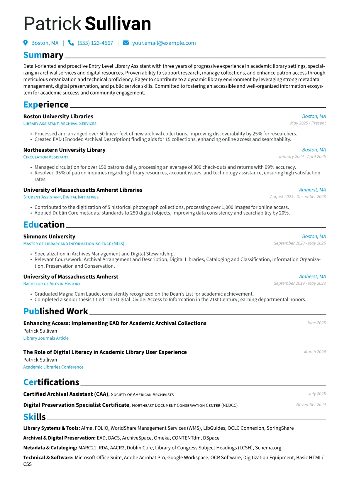 Entry Level Library Assistant resume example, Entry Level Library, page 1