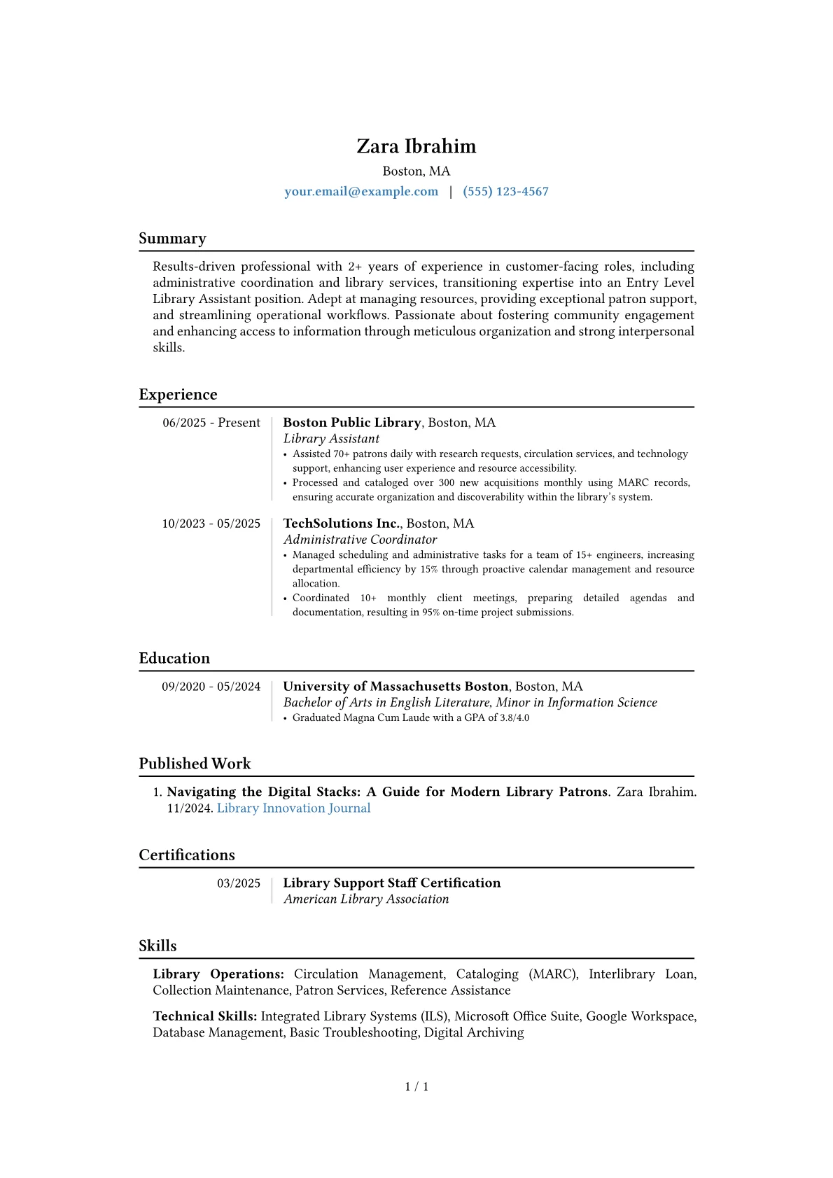 Entry Level Library Assistant resume example, Career changer, page 1