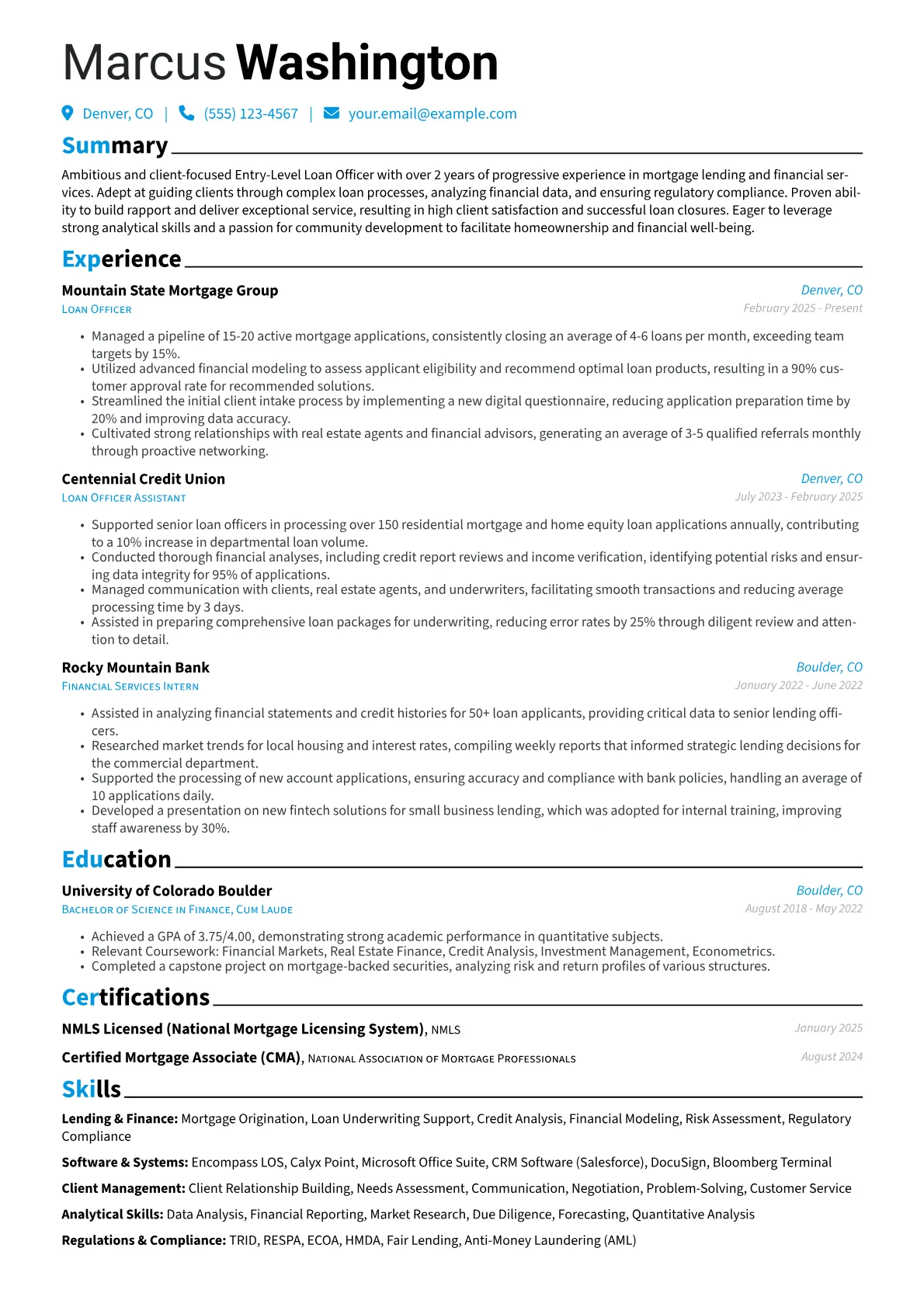 Entry-Level Loan Officer resume example, Mortgage Loan Officer, page 1