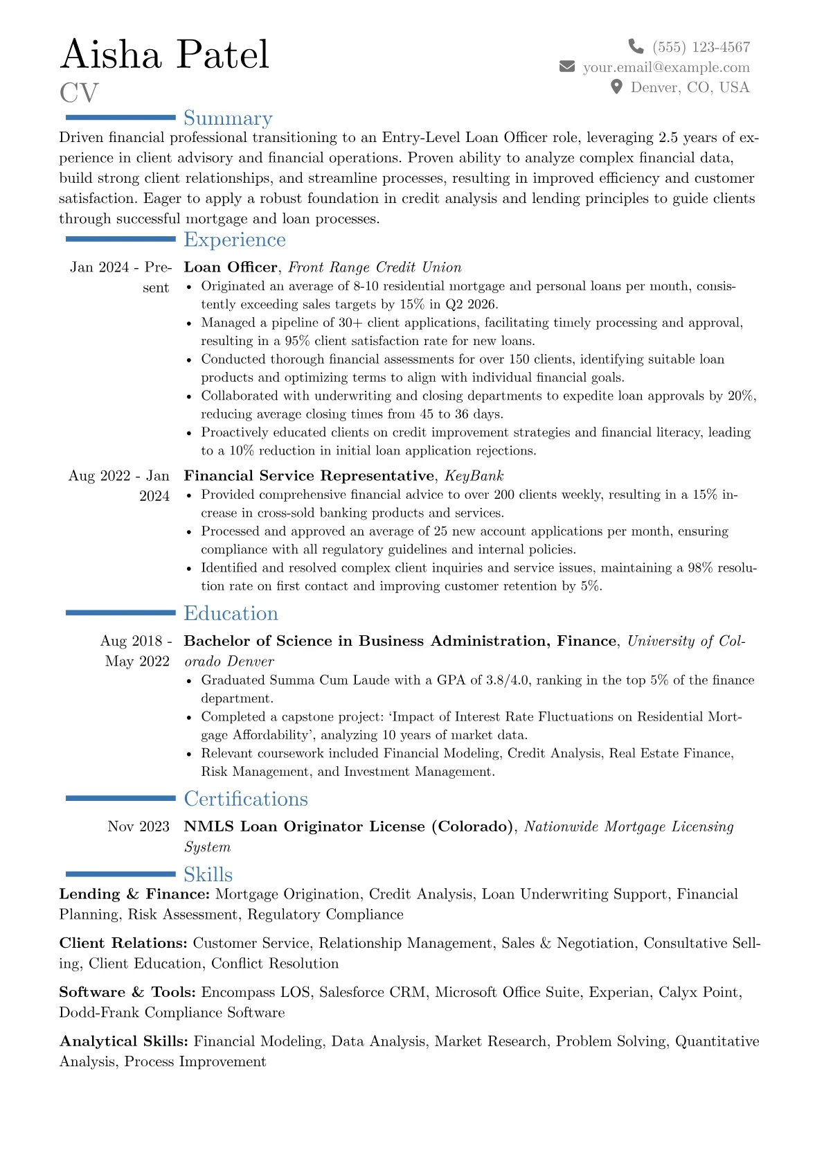Entry-Level Loan Officer resume example, Career changer, page 1