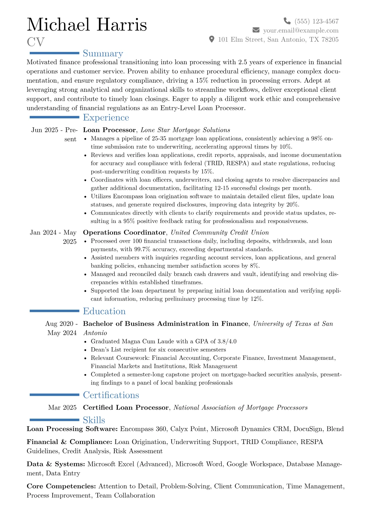 Entry-Level Loan Processor resume example, Career changer, page 1