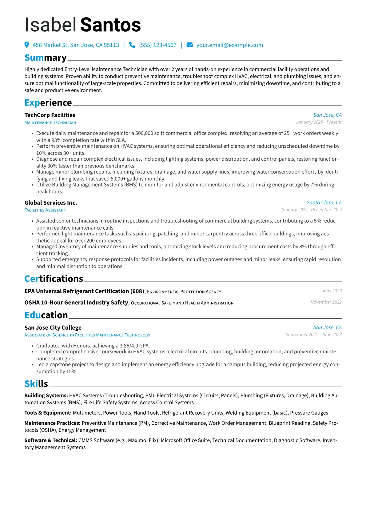Entry Level Maintenance Technician resume example, Commercial Facilities, page 1