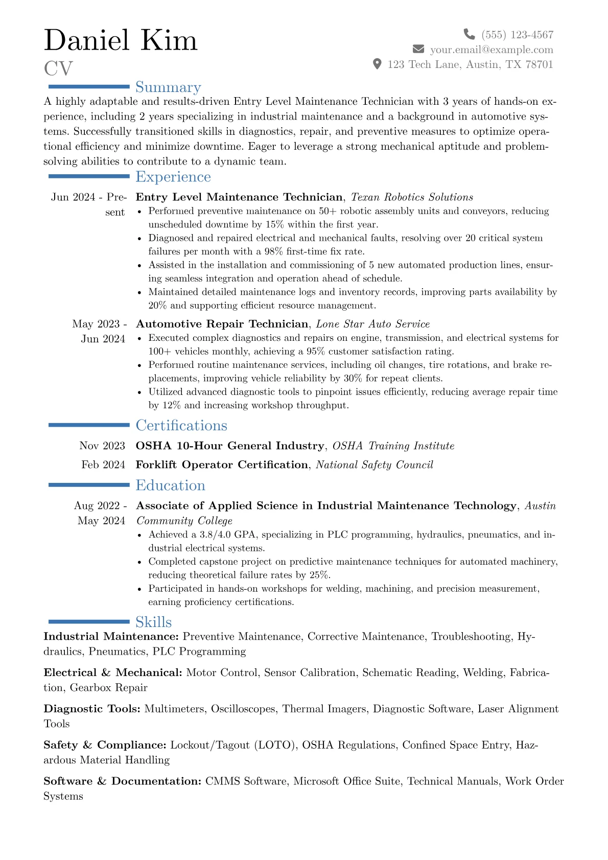 Entry Level Maintenance Technician resume example, Career changer, page 1