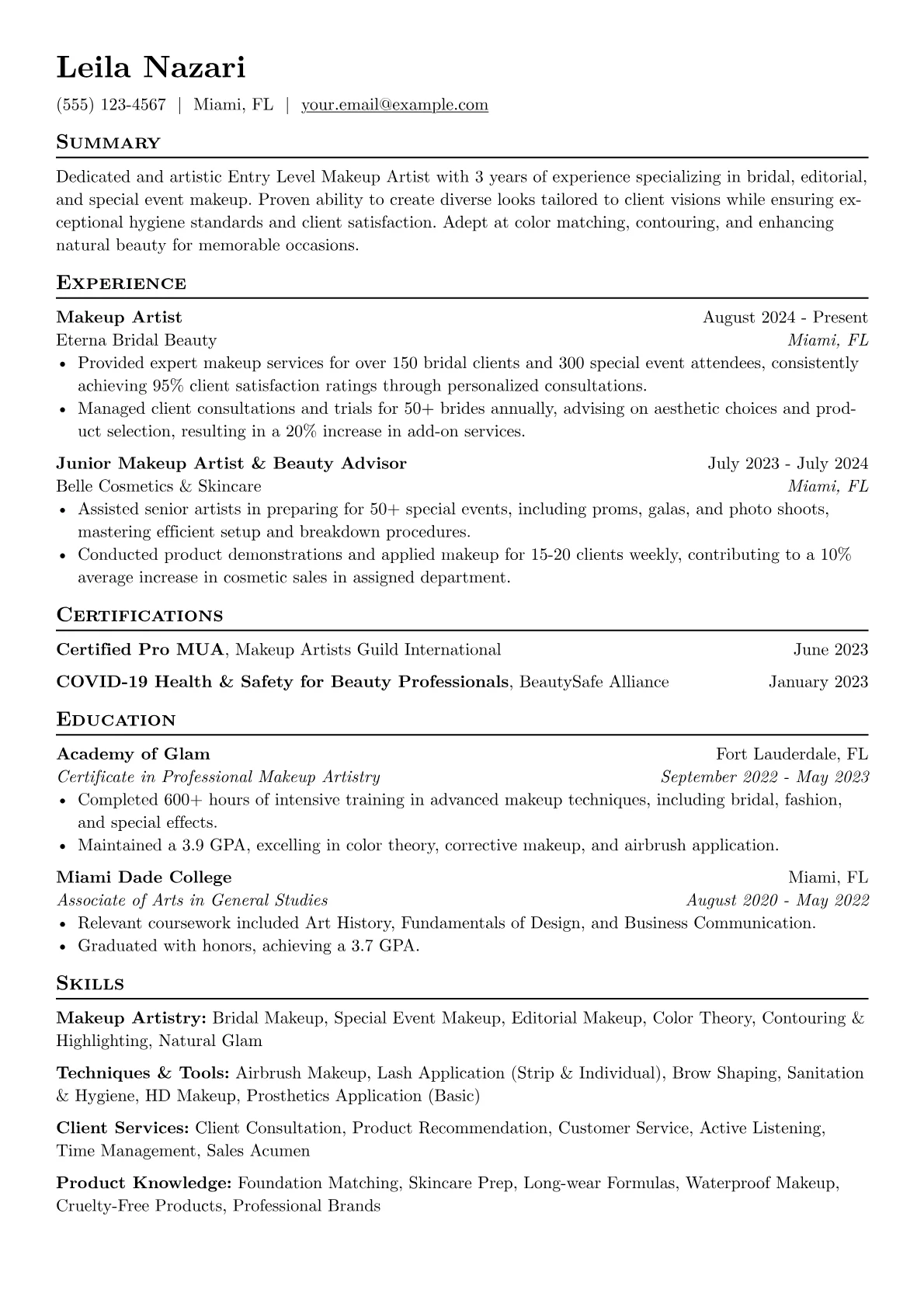 Entry Level Makeup Artist resume example, Entry Level Makeup Artist, page 1
