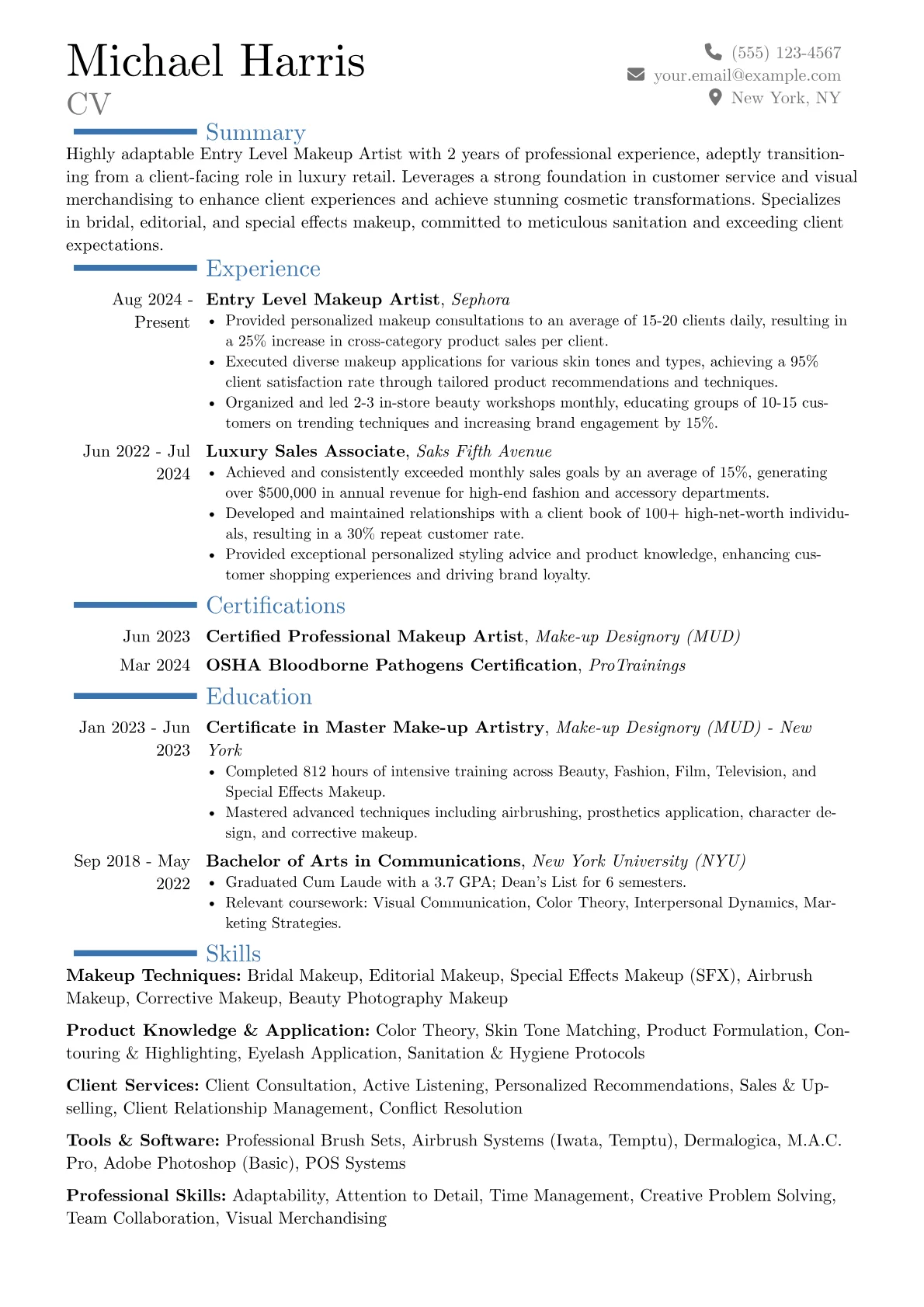 Entry Level Makeup Artist resume example, Career changer, page 1