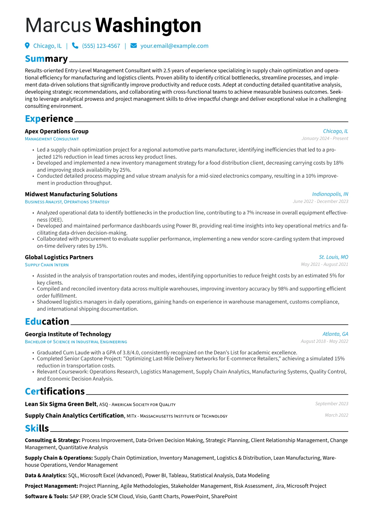 Entry-Level Management Consultant resume example, Consulting & Strategy, page 1