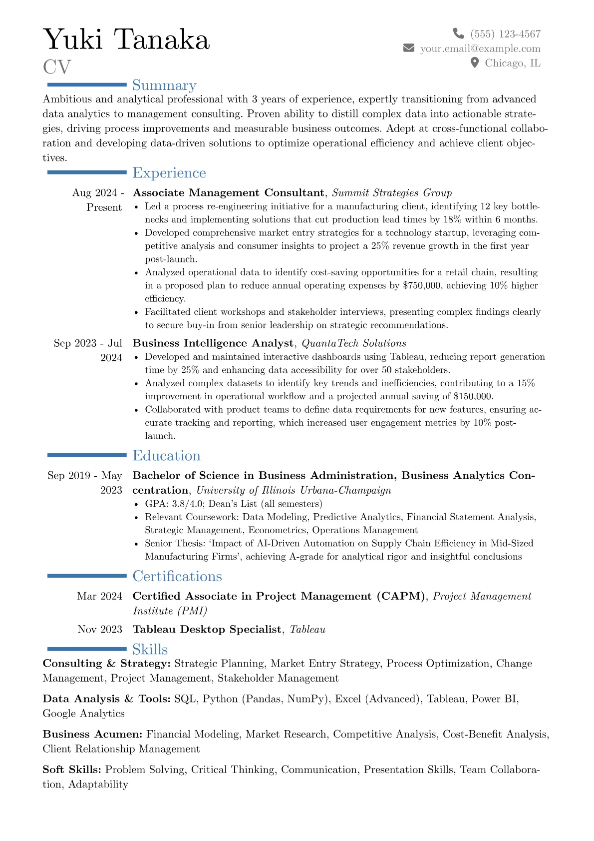 Entry-Level Management Consultant resume example, Career changer, page 1
